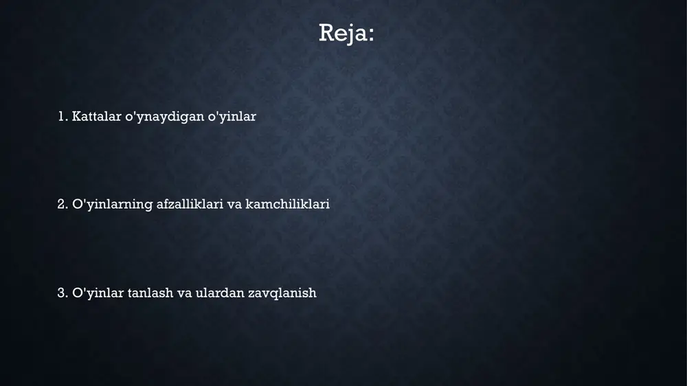 lish qobiliyatini oshiradi. katta yoshdagi o'yinchilar muammolarni hal qilishda 25% tezroq bo'lishi mumkin, bu ularning analitik fikrlashini yaxshilaydi. e'tiboringiz uchun rahmat @taqdimot_robot slide 1 slide 2 slide 3 slide 4 slide 5 slide 6