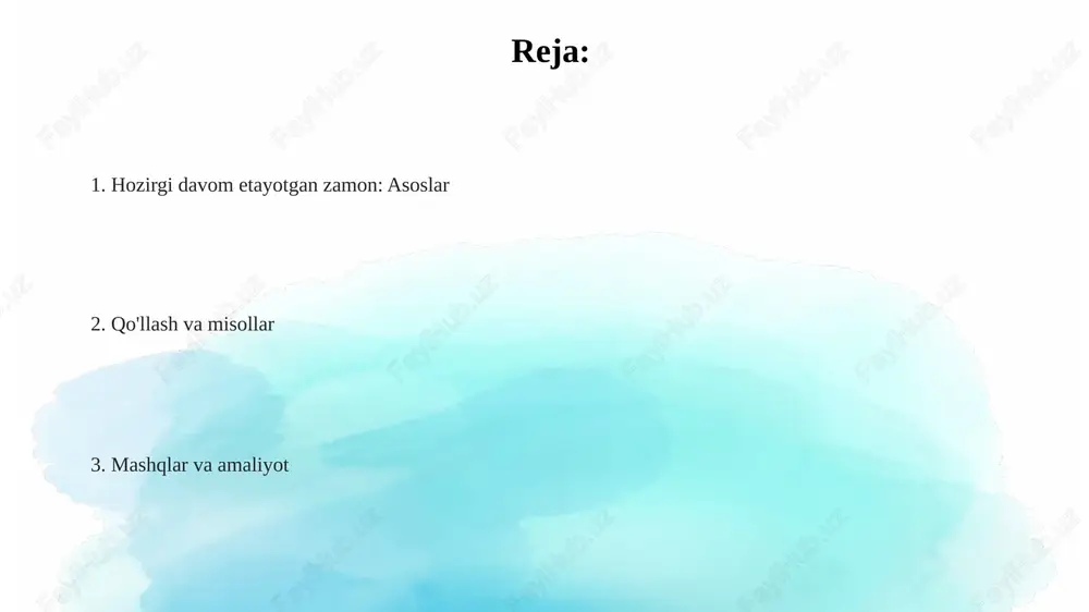 are) dan keyin "not" qo'shilishi bilan yasaladi: subject + am/is/are + not + verb-ing. misol: i am not playing tennis now. inkor gaplarda "is not" qisqartirilgan shakli "isn't", "are not" qisqartirilgan shakli esa "aren't" bo'lishi mumkin. masalan: he isn't working; they aren't studying. "am not" qisqartmasi kam ishlatiladi. odatda, i am not ko'rinishida yoziladi yoki boshqa so'zlar bilan birga qo'shilib, boshqacha qisqartmalar yasaladi. qanday tuziladi: so'roq shakli 'present continuous' zamonida so'roq gaplar 'am/is/are' + ega + fe'l+'ing' strukturasi orqali tuziladi, bu yerda fe'l harakati hozirgi paytda davom etayotganini ifodalaydi. so'roq shakli yasalishida yordamchi fe'l 'am/is/are' gapning boshiga ko'chiriladi, keyin ega keladi va asosiy fe'l 'ing' qo'shimchasini oladi, masalan, 'is she reading?'. maxsus so'roq gaplar uchun 'what, where, when, why, how' kabi so'roq olmoshlari 'am/is/are' dan oldin qo'yiladi, masalan, 'why are you laughing?', bu so'roqning mohiyatini aniqlashtiradi. qachon ishlatiladi: asosiy qoidalar kelajakdagi rejalashtirilgan harakatlarni ifodalash uchun, odatda, aniq vaqt ko'rsatilgan holda …