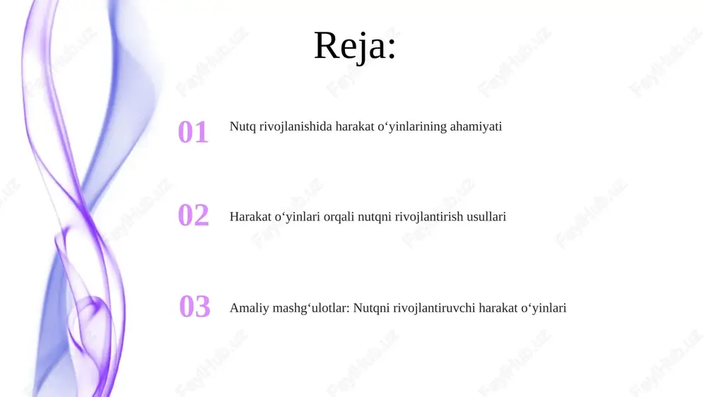 hikoyalar tuzish kabi elementlar bo'lishi lozim. o'yinning bolaning yoshiga mosligi muhim, 3-5 yoshdagilar uchun oddiy qoidalar, 6-7 yoshdagilar uchun esa murakkabroq qoidalar va harakatlar bo'lishi kerak. o'yin qoidalari va tuzilishi o'yin qoidalari harakatlarni tartibga soladi, 3-5 yoshdagi bolalar uchun mo'ljallangan o'yinlarda oddiy qoidalar majburiydir, aks holda maqsadga erishib bo'lmaydi. o'yin tuzilishi bosqichlardan iborat: tayyorgarlik (2-3 daqiqa), asosiy harakatlar (7-10 daqiqa), yakuniy qism (1-2 daqiqa) bo'lib, muvaffaqiyatli o'yin uchun muhim. nutqni rivojlantiruvchi mashqlar nutqni rivojlantiruvchi mashqlar 3 yoshdan 5 yoshgacha boʻlgan bolalarda tovushlarni toʻgʻri talaffuz qilishni ragʻbatlantirish uchun fonetik oʻyinlarni oʻz ichiga oladi. artikulyatsion mashqlar til, lablar va jagʻ mushaklarini mustahkamlaydi. bu esa, ayniqsa, l, r, s kabi qiyin tovushlarni aniq talaffuz qilish uchun juda muhim. fasilitatsiya va rahbarlik rahbarlik vakolat berish va qaror qabul qilishni o'z ichiga oladi, fasilitatsiya esa 3ta asosiy element: tinglash, savol berish va aks ettirish orqali hamkorlikni rag'batlantiradi. fasilitatsiya guruhiy jarayonlarda neytral yondashuvni ta'minlaydi, bunda rahbarlik …