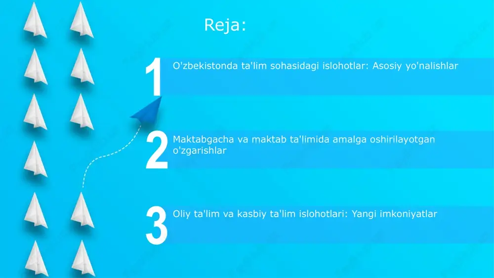 y metodikalarni joriy etish rejalashtirilgan. oliy taʼlimda 2026-yilgacha xalqaro tan olingan universitetlar bilan hamkorlikni kengaytirish, taʼlim sifatini oshirish va bitiruvchilarning bandligini taʼminlash maqsad qilingan. e'tiboringiz uchun rahmat @taqdimot_robot image5.png image1.jpeg image2.jpeg image3.jpeg image4.jpeg
