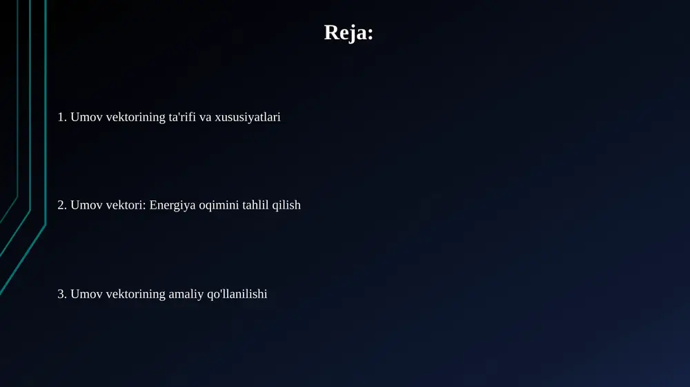 i optimallashtirishda 1 kvadrat metrdan o'tadigan energiya miqdorini hisoblash uchun. geologiyada zilzilalar natijasida hosil bo'lgan seysmik to'lqinlarning tarqalish yo'nalishini va intensivligini umov vektorlari yordamida aniqlash mumkin, bu esa 7.0 magnitudali zilzila oqibatlarini baholashga yordam beradi. e'tiboringiz uchun rahmat @taqdimot_robot image1.png