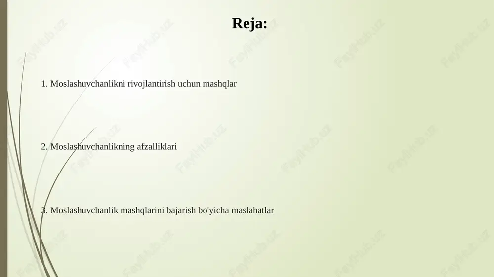 krorlang. cho'zilishdan oldin 5-10 daqiqa yengil qizdirish mashqlarini bajaring. bu mushaklaringizni tayyorlaydi va shikastlanish xavfini kamaytiradi. e'tiboringiz uchun rahmat @taqdimot_robot image1.png