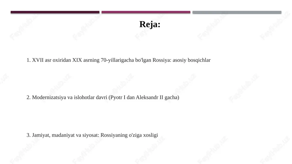 ning majburiy xizmatini joriy qildi, bu ularning jamiyatdagi mavqeini belgilab berdi va imtiyozlarini kuchaytirdi. xix asrning 40-yillarida ziyolilar guruhining shakllanishi, turli tabaqalardan chiqqan, g'oyaviy kelishmovchiliklarga ega bo'lgan va jamiyatni o'zgartirishga intilgan ziyolilarni birlashtirdi. e'tiboringiz uchun rahmat @taqdimot_robot