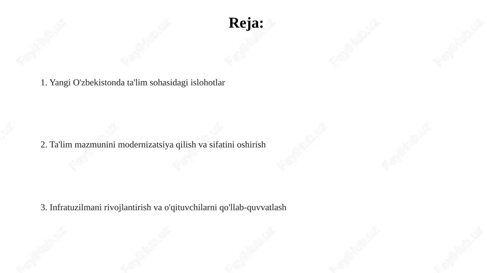 dasturlarining steam (fan, texnologiya, injeneriya, san'at, matematika) yo'nalishlariga integratsiyasi orqali 21-asr ko'nikmalariga ega mutaxassislar tayyorlash ko'zda tutilgan. e'tiboringiz uchun rahmat @taqdimot_robot image2.png image1.png