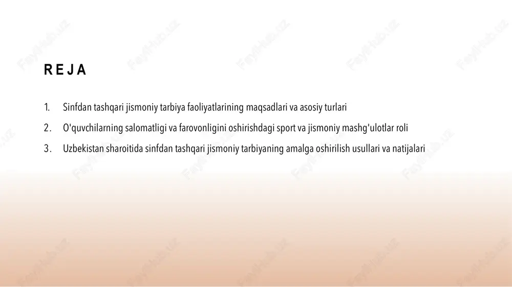 ing motivatsiya va qiziqishni oshirishdagi roli. 01 motivatsiya kuchi jismoniy tarbiya faoliyatlari yoshlarni harakatga undash va maqsadga yo'naltirish uchun motivatsiya manbai bo'lib, o‘quvchilarni sportga qiziqishga rag‘batlantiradi. 02 qiziqishni oshirish o'yinlar, musobaqalar va yangi usullar yordamida sport va jismoniy mashg'ulotlarga bo'lgan qiziqishni kuchaytirish, yoshlarning faol ishtirokini ta'minlaydi. 03 ijobiy muhit rag‘batlantiruvchi muhit va qo‘llab-quvvatlash orqali o‘quvchilarning ishtiyoqini oshirish, ularning o‘z imkoniyatlariga ishonchini mustahkamlaydi. turli jismoniy faoliyat turlarining maqsadlar va natijalarga erishishdagi ahamiyati. 1 ma'lumot va qiziqish turli jismoniy faoliyat turlari o'quvchilarning qiziqishini oshirib, ularni sog'lom turmush tarziga yo'naltirishda muhim rol o'ynaydi. 2 natijalarga erishish har bir faoliyat turi maqsadlariga erishishda muhim bo'lib, bu orqali sog'liq, kuch va jismoniy chidamlilik rivojlanadi. 3 moslashuvchanlik va diversifikatsiya jismoniy faoliyatning turli shakllari tanlov imkoniyatlarini kengaytiradi, shuningdek, shaxsning ehtiyojlari va qiziqishlariga moslashadi. sinfdan tashqari jismoniy tarbiya faoliyatlarining madaniy va tarixiy kontekstlari. 01 tarixiy rivojlanish sinfdan tashqari jismoniy tarbiya madaniyat va sportning qadimiy davrlardan boshlab rivojlanishini ko'rsatadi. …