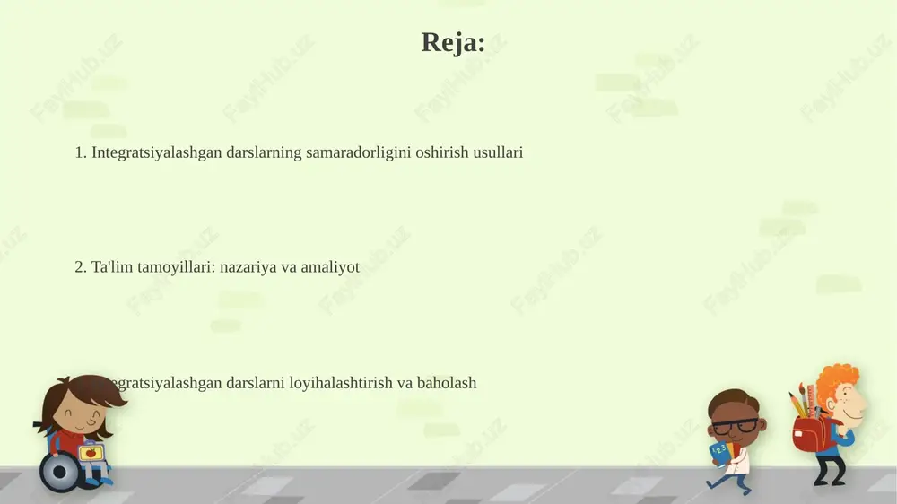 i, jumladan, ularning o'rganish uslublari va 3 ta asosiy intellektual qobiliyatini hisobga olish muhim. texnologiyalarni tanlashda, 21-asr ko'nikmalari, masalan, tanqidiy fikrlash va muammolarni hal qilish kabi ko'nikmalarni rivojlantirishga yo'naltirilgan 4 ta asosiy usulni qo'llash kerak. baholash usullari: integratsiya natijalarini o'lchash rubrikalar baholashning integratsiyalashgan natijalarini o'lchashda, ko'rsatkichlarni (1-4 ball) aniqlab, talabalarning har bir jihat bo'yicha erishgan yutuqlarini baholashga yordam beradi. portfel baholash usuli talabalarning integratsiya davomida yaratgan ishlarini (loyiha, insho) yig'ib, ularning o'sishini va tushunchalarini 360 gradusda ko'rsatadi. o'qituvchilarning kasbiy rivojlanishi: integratsiyaga tayyorgarlik o'qituvchilar integratsiya darslariga tayyorgarlik ko'rish uchun 21-asr ko'nikmalarini (masalan, tanqidiy fikrlash) o'zlashtirishi va dars ishlanmalarida qo'llashi zarur. pedagoglarning kasbiy rivojlanishi integratsiyalashgan ta'limning 7 tamoyilini (faollik, relevantlik) chuqur tushunishni va ularni amalda qo'llashni o'z ichiga oladi. muammolar va ularni hal etish yo'llari muammolarni aniqlashning dastlabki bosqichi - bu vaziyatni tahlil qilish va 5w1h (who, what, when, where, why, how) usulidan foydalanish orqali ma'lumot to'plashdir. ideal yechimni topish uchun swot …