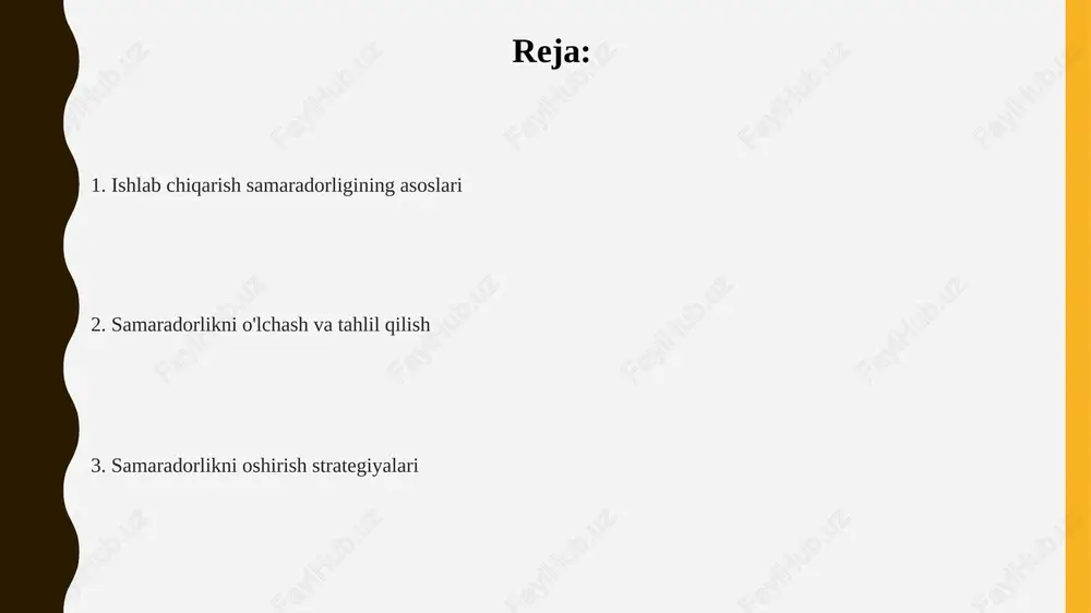 , ishlash va sifat kabi 3 ta omilni ko'paytirish orqali aniqlanadi. oee ning yuqori ko'rsatkichi (85% dan yuqori) samarali ishlab chiqarishni ko'rsatadi. e'tiboringiz uchun rahmat @taqdimot_robot