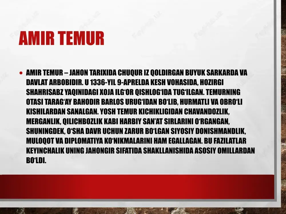 adir. tuzuklarda adolat, tartib, mas’uliyat va intizom tamoyillari alohida ta’kidlanadi. amaldorlar halol bo‘lishi, xalq dardiga quloq tutishi, har bir viloyatning holati muntazam nazorat qilinishi lozim edi. temur nazarida kuchli davlat adolatli boshqaruv va intizomli jamiyatga tayanishi shart bo‘lgan. amir temur amir temur movarounnahrning siyosiy va madaniy markazi sifatida samarqandni tanlab, uni poytaxtga aylantirdi. uning davrida samarqand dunyoning eng yirik va chiroyli shaharlardan biriga aylandi. bu yerda saroylar, madrasalar, masjidlar, bog‘-rog‘lar, karvonsaroylar barpo etildi. samarqandga turli mamlakatlardan olimlar, san’atkorlar, ustalar, savdogarlar kelib, ilm-fan va madaniyat ravnaq topdi. shahar “yer yuzi ziynati” deb atalib, sharq uyg‘onishining yirik markazlaridan biriga aylandi. amir temur amir temur iqtisodiyotga katta e’tibor bergan hukmdor sifatida tanilgan. u savdo yo‘llarini tiklab, karvonlar uchun xavfsizlik yaratdi, soliqlar tizimini tartibga soldi. sug‘orish inshootlarini ta’mirlash va yangilarini qurishga katta mablag‘ ajratildi, dehqonchilik va hunarmandchilik rivojlandi. temur turli mamlakatlar bilan savdo-diplomatik aloqalarni yo‘lga qo‘yib, o‘z davlati uchun qulay iqtisodiy shart-sharoitlarni vujudga keltirdi. …