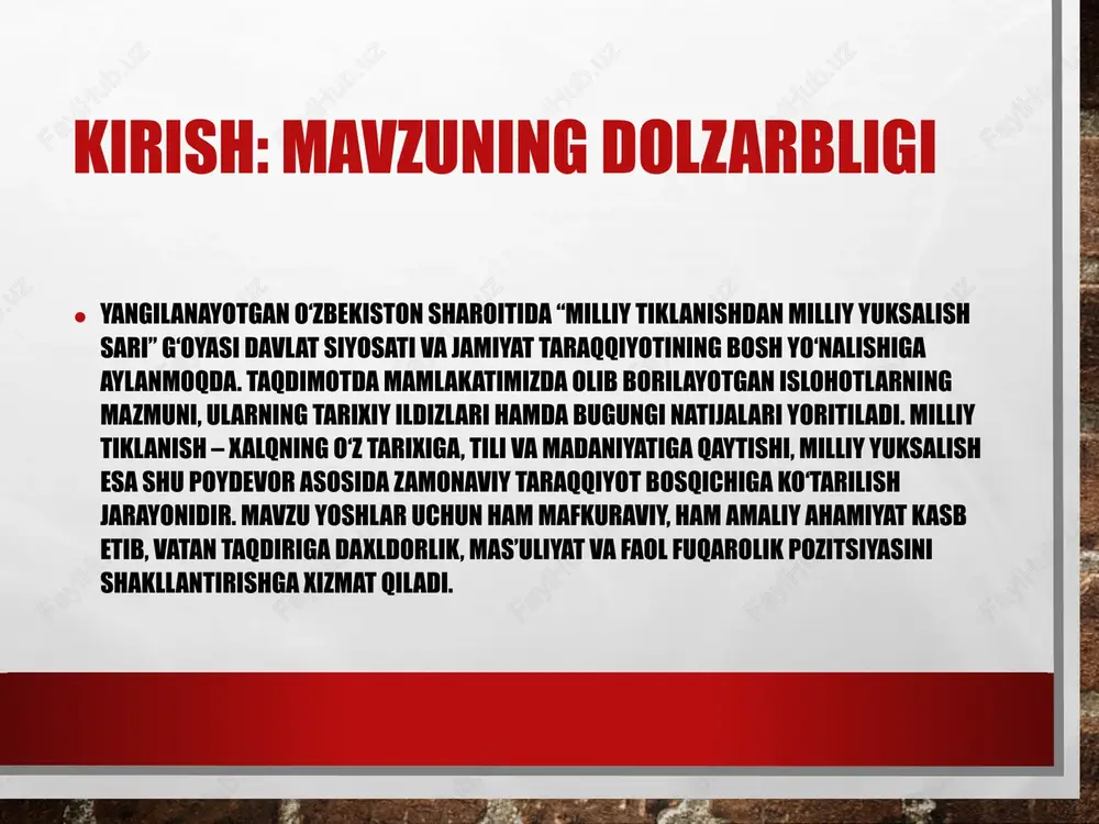 uchun muhim omil bo‘lib xizmat qiladi. siyosiy islohotlar va boshqaruv tizimi yangilanayotgan o‘zbekistonda siyosiy islohotlar demokratik institutlarni mustahkamlash va xalq hokimiyati tamoyillarini ro‘yobga chiqarishga qaratilgan. parlament vakolatlari kengaytirilib, parlament nazorati mexanizmlari kuchaytirilmoqda. mahalliy kengashlar roli oshib, joylardagi muammolarni hal etishda fuqarolarning ishtiroki kengaymoqda. saylov tizimi xalqaro standartlarga moslashtirilmoqda, siyosiy partiyalar o‘rtasidagi raqobat qonuniy asosda rivojlanmoqda. sud hokimiyatining mustaqilligi, ochiqlik va shaffoflik tamoyillarining kuchaytirilishi fuqarolarning davlatga bo‘lgan ishonchini oshiradi, adolat mezonlarini hayotga tatbiq etishga xizmat qiladi. iqtisodiy modernizatsiya yo‘nalishlari milliy yuksalishning eng muhim shartlaridan biri zamonaviy bozor iqtisodiyotiga mos iqtisodiy modernizatsiyadir. o‘zbekistonda sanoatni diversifikatsiya qilish, qo‘shimcha qiymat yaratuvchi tarmoqlarni rivojlantirish, eksport geografiyasini kengaytirish bo‘yicha izchil ishlar olib borilmoqda. xususiy mulk va tadbirkorlikni qo‘llab quvvatlash, soliq va bojxona tizimlarini soddalashtirish investorlar uchun qulay muhit yaratmoqda. kichik biznes va oilaviy tadbirkorlikni rivojlantirish esa aholining bandligini oshiradi, o‘rta sinf ulushini ko‘paytiradi. natijada iqtisodiy barqarorlik mustahkamlanib, milliy yuksalish uchun zarur moddiy zamin shakllanadi. ijtimoiy soha …