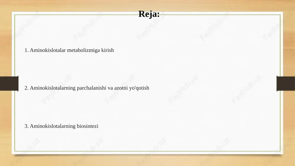 . ba'zi aminokislotalar, xususan, muhim aminokislotalar, odamlar tomonidan sintez qilinmaydi va ularni ovqat orqali olish kerak, bu ovqatlanishda muhim ahamiyatga ega. e'tiboringiz uchun rahmat @taqdimot_robot image7.png image3.png image4.png