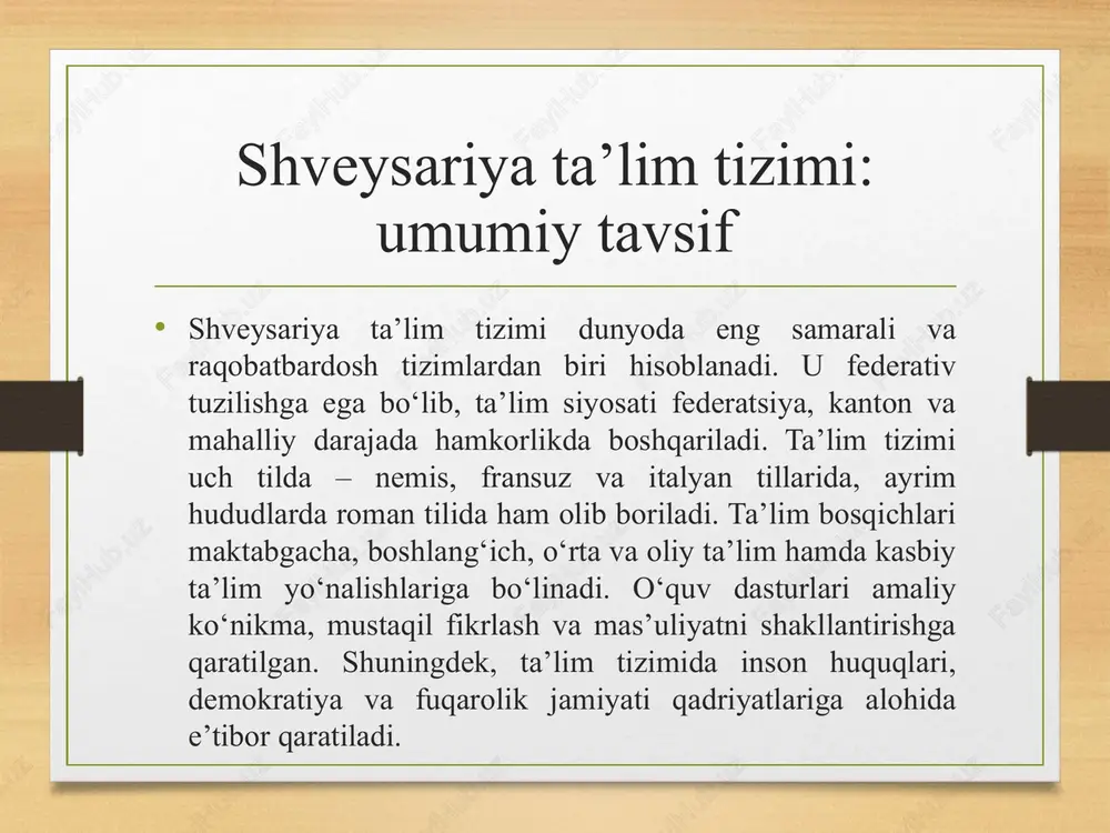 ashuvni qo‘llaydilar. ota‑onalar bilan hamkorlik ham mazkur bosqichning ajralmas qismidir. boshlang‘ich ta’lim tizimi boshlang‘ich ta’lim odatda olti yil davom etib, savodxonlik, matematik tasavvur, ona tili, chet tili, atrof‑muhitni o‘rganish va san’at fanlarini qamrab oladi. darslar ko‘pincha kichik sinf jamoalarida tashkil etilib, o‘quvchi faol ishtirokiga asoslanadi. o‘qituvchilar baholashda faqat ball yoki reyting emas, balki tavsifiy mulohazalar, rivojlanish dinamikasi va o‘quvchining shaxsiy yutuqlariga e’tibor qaratadilar. boshlang‘ich ta’limda sinfda hamkorlik, o‘zaro hurmat, tinch muhit va muammolarni muloqot orqali hal qilish tamoyillari ustuvor hisoblanadi. o‘rta ta’limning dastlabki bosqichi o‘rta ta’limning dastlabki bosqichi boshlang‘ich maktabdan keyingi davr bo‘lib, o‘quvchilarning qobiliyatlari, qiziqishlari va kelajakdagi ta’lim yo‘lini aniqlashga xizmat qiladi. bu bosqichda fanlar chuqurlashtiriladi, tabiiy va aniq fanlar, gumanitar yo‘nalishlar, axborot texnologiyalari va chet tillari kengaytirilgan dastur asosida o‘qitiladi. ayrim kantonlarda o‘quvchilar qobiliyatiga qarab turli tipdagi sinflarga ajratiladi. psixologik xizmat, kasb tanlash bo‘yicha maslahat va ota‑onalar bilan uchrashuvlar muntazam yo‘lga qo‘yilgan bo‘lib, bu o‘quvchining kelgusidagi ta’lim yo‘lini …
