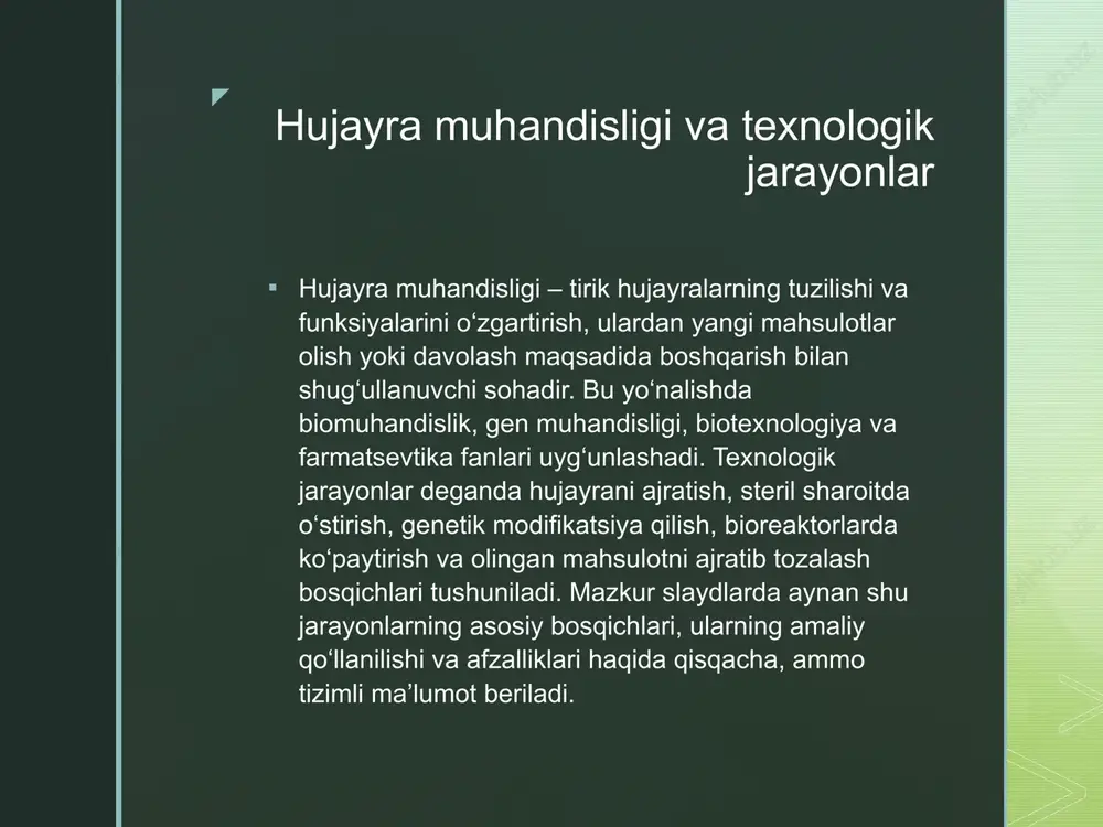 boriladi. z hujayra madaniyatini tayyorlash va o‘stirish ajratilgan hujayralar maxsus ozuqa muhitiga joylashtirilib, qo‘shimcha o‘sish faktorlar, vitaminlar, aminokislotalar bilan boyitiladi. inkubatorda harorat, namlik, ph va co₂ miqdori fiziologik darajada ushlab turiladi. adgeziv hujayralar uchun plastik kolbalar, suspenziyada o‘suvchi hujayralar uchun esa chayqatiladigan kolbalar yoki kichik bioreaktorlar qo‘llaniladi. madaniyatning tozaligi va hayotiyligi mikroskopda, shuningdek metabolitlar va hujayra sonini o‘lchash orqali muntazam nazorat qilinadi. z genetik modifikatsiya texnologik jarayonlari hujayra muhandisligining markaziy bosqichlaridan biri – genetik modifikatsiya jarayonidir. bunda hujayraga yangi gen kiritish, mavjud genni o‘chirish yoki o‘zgartirish uchun turli usullar qo‘llaniladi: plasmidli transfektsiya, virus vektorlari, elektroporatsiya va crispr‑cas tizimlari. crispr yordamida maqsadli dnk ketma‑ketligi aniq tanlanib kesiladi, so‘ng kerakli o‘zgarish kiritiladi. modifikatsiyadan keyin klonlash orqali barqaror, yuqori ifoda darajasiga ega hujayra liniyalari tanlab olinadi. z bioreaktorlar va fermentatsiya jarayonlari kichik kolbalardagi muvaffaqiyatli madaniyat sanoat miqyosiga o‘tkazilganda bioreaktorlardan foydalaniladi. bioreaktor – harorat, ph, eritilgan kislorod, aralashtirish va oziqlantirish avtomatik boshqariladigan yopiq idishdir. …