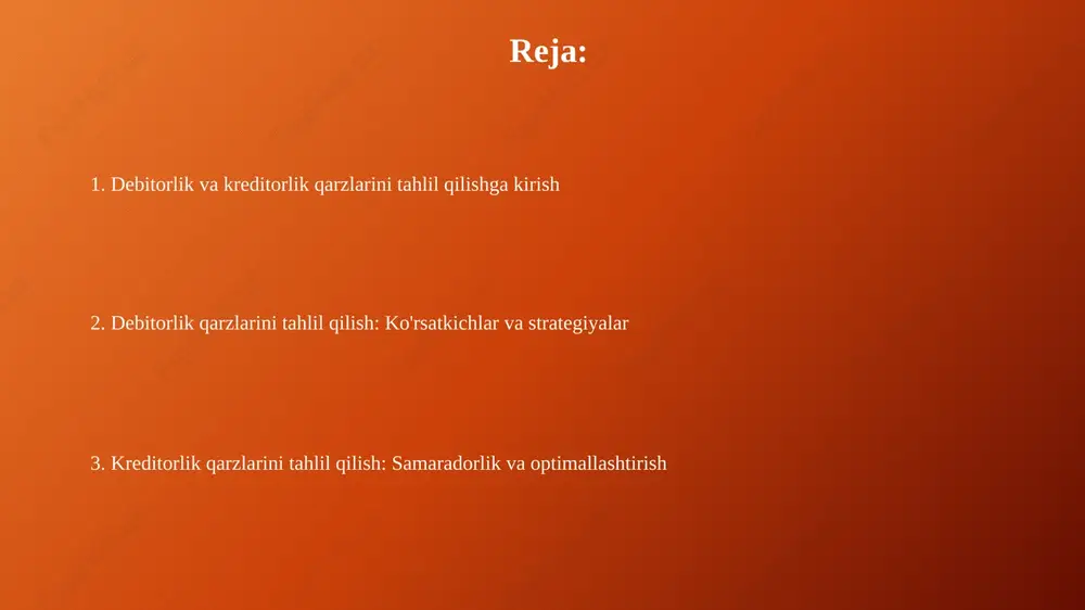 a muhim, bu koeffitsient sotish hajmining o'rtacha debitorlik qarziga nisbatini aks ettiradi. qarzlarni to'lash muddatini tahlil qilish, masalan, 30, 60, 90 kunlik intervallarga bo'lish, kechiktirilgan to'lovlarni aniqlashga yordam beradi va risklarni baholashga imkon beradi. debitorlik qarzlari: aylanuvchanlik koeffitsienti debitorlik qarzlari aylanuvchanlik koeffitsienti, odatda, kompaniyaning debitorlik qarzlarini qanchalik tez naqd pulga aylantirishini ko'rsatadi, bu esa moliyaviy sog'lig'i uchun muhimdir. koeffitsient qanchalik yuqori bo'lsa, kompaniya o'zining debitorlik qarzlarini shunchalik tez undiradi, bu esa pul oqimini yaxshilaydi va kredit riskini kamaytiradi (masalan, 5 dan yuqori aylanuvchanlik yaxshi). debitorlik qarzlari: to'lov muddati debitorlik qarzlari boʻyicha toʻlov muddati, odatda, 30 kundan 90 kungacha boʻlishi mumkin, bu shartnoma shartlariga va sanoat standartlariga bogʻliq. to'lov muddati debitorlik qarzlari uchun juda muhim, chunki u kompaniyaning pul oqimiga bevosita ta'sir qiladi va undiruv siyosatini belgilaydi. debitorlik qarzlari: xavflar va ularni boshqarish debitorlik qarzlari xavfi - bu mijozlarning to'lovlarni 30-60 kunda amalga oshirmasligi, natijada 5-10% yomon qarzlarning ko'payishiga olib kelishi …