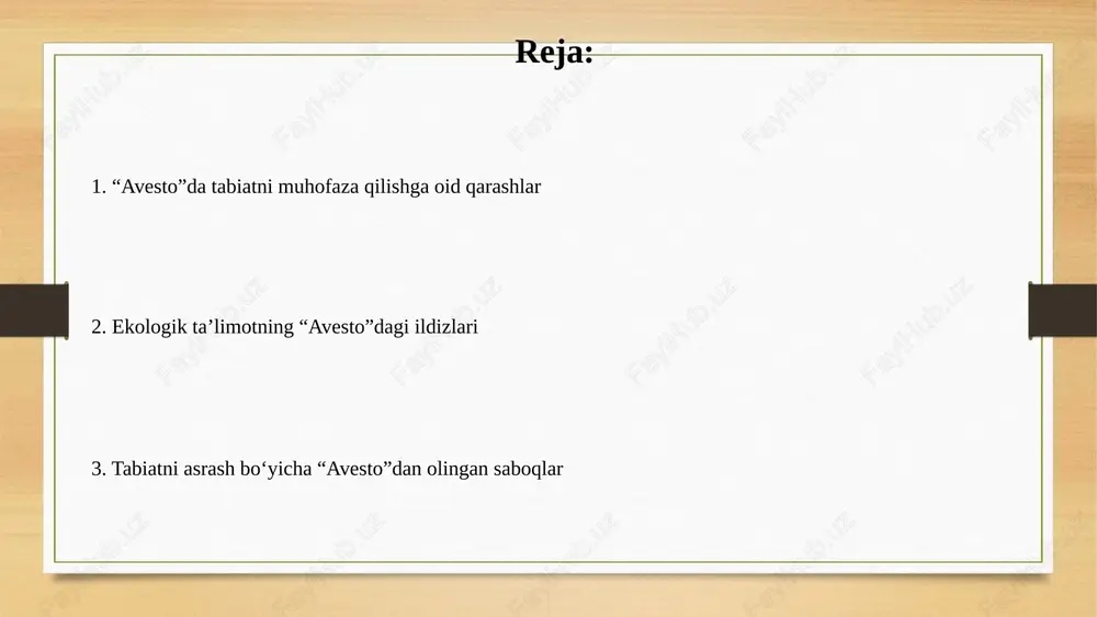 ni buzish, mingta kaltakesakni o'ldirish bilan teng deb hisoblanadi va bu katta gunoh sanalib, jiddiy jazoga olib keladi. amaliy konservatsiya amaliyotlari avestoda avestoda qishloq xo‘jaligi yerlarining 1/3 qismi o‘rmonzorlar bilan qoplangan bo‘lib, bu tuproq eroziyasining oldini olish va suv resurslarini saqlashga qaratilgan muhim amaliyot edi. avestoda hayvonlarni himoya qilishga qaratilgan ko'plab qonunlar mavjud bo'lib, ular orasida homilador hayvonlarni ovlash taqiqlangan va bu turpopulyatsiyasini saqlash uchun qilingan. avestoning zamonaviy ekologik muammolarga tegishliligi avestoning tozalik konsepsiyasi, ayniqsa 'druj' (buzilish) ga qarshi kurash, zamonaviy ifloslanish va ekotizim degradatsiyasi muammolariga bevosita aloqador bo'lib, atrof-muhitga hurmatni targ'ib qiladi. avestoda o'simliklar va hayvonlarga bo'lgan hurmat, 'yasna'da tasvirlanganidek, biologik xilma-xillikni saqlashning zamonaviy ahamiyatini aks ettiradi, bu esa barqaror ekologik amaliyotlarni qo'llab-quvvatlaydi. avesto matnlarida barqarorlik tamoyillari avestoda atrof-muhit barqarorligi, masalan, suvni ifloslantirganlarga qattiq jazo choralari belgilangan, bu esa suv resurslarini himoya qilishning muhimligini ko'rsatadi. dehqonchilik va chorvachilik avestoda hurmatga sazovor bo'lib, yerga g'amxo'rlik qilish va hosildorlikni oshirishga qaratilgan …