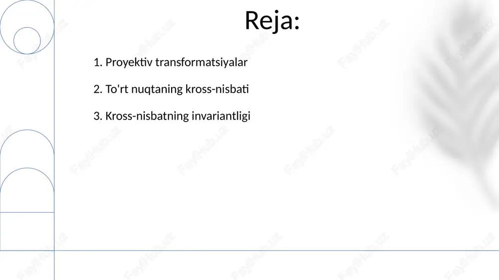 r konusning kesimini aniqlashi mumkin. ularning pozitsiyalari geometrik konstruksiyalarda va perspektiv tasvirlashda muhim rol o'ynaydi. 5. kesishgan nisbatning ta'rifi kesishgan nisbat - bu to'rtta kollinear nuqtaning proyektiv invariantidir, u (ab,cd) = (ac/bc) / (ad/bd) kabi aniqlanadi, bu erda a, b, c va d to'g'ri chiziqdagi nuqtalardir. kesishgan nisbatning qiymati proyektiv o'zgartirishlar ostida o'zgarmaydi; agar a, b, c, d nuqtalar a', b', c', d' ga o'zgartirilsa, (ab,cd) = (a'b',c'd') bo'ladi. 6. kesishgan nisbatning geometrik talqini kesishgan nisbat (a,b;c,d) to'g'ri chiziqdagi to'rtta nuqtaning proyektiv invariantidir, uning qiymati proyektiv transformatsiyalar ostida o'zgarmaydi va har doim haqiqiy sondir. agar kesishgan nisbat -1 ga teng bo'lsa, u holda c va d nuqtalar a va b nuqtalarni garmonik ravishda ajratadi deyiladi. bu geometrik tuzilmalar uchun muhim xususiyatdir. 7. kesishgan nisbatning invarianligi kesishgan nisbatning invarianligi shuni anglatadiki, to'rtta nuqtaning kesishgan nisbati proyektiv transformatsiyalar, masalan, proyeksiyalar, ostida o'zgarmaydi, bu qiymatni 6 ta mumkin bo'lgan permutatsiya bilan bog'laydi. proyektiv …