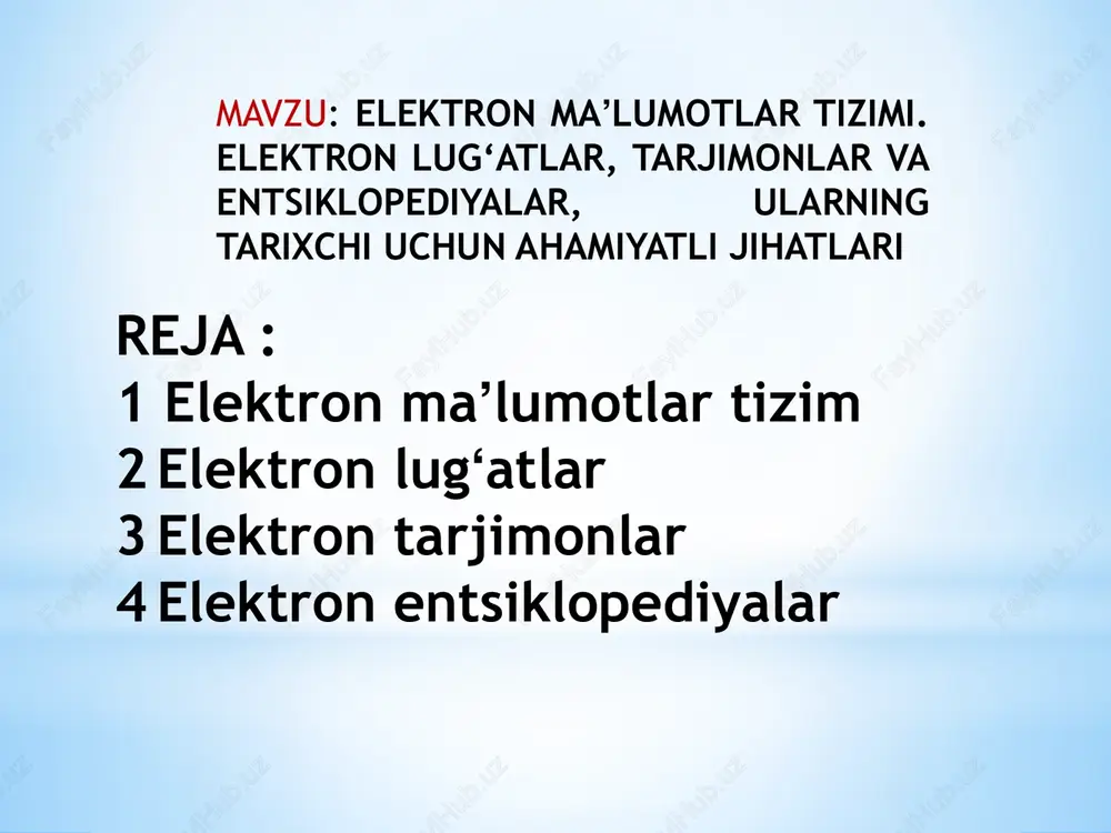 lar — bu soʻzlar, iboralar yoki terminlarning izohini, tarjimasini va qoʻshimcha maʼlumotlarni raqamli shaklda taqdim etuvchi dastur yoki veb-resurslaridir. ular anʼanaviy qogʻoz lugʻatlardan farqli oʻlaroq, tezkor qidiruv, koʻp tillilik, ovozli talaffuz, misollar va interaktiv funksiyalarni oʻz ichiga oladi. elektron entsiklopediyalar elektron entsiklopediyalar — bu ma'lumotlar bazasida yig'ilgan, ko‘p sohalar bo‘yicha ilmiy, madaniy, texnik va boshqa bilimlarni raqamli shaklda taqdim etuvchi axborot manbalari. ular an'anaviy bosma entsiklopediyalarning elektron varianti bo‘lib, kompyuter, internet yoki boshqa raqamli qurilmalarda ishlatish uchun mo‘ljallangan.elektron entsiklopediyalar zamonaviy bilimlarni tez, samarali va qulay tarzda olish uchun eng muhim axborot manbalaridan biridir. ular ta’lim va ilm-fan sohasida keng qo‘llaniladi va doimiy ravishda rivojlanmoqda. xulosa elektron lugʻatlar, tarjimonlar va entsiklopediyalar tarixshunoslikda zarur yordamchi vositalar hisoblanadi. ular tadqiqotni tezlashtiradi, lekin tarixchi uchun har doim manba tanqidiy tekshiruvi, kontekst va ekspert bahosi muhimdir. elektron tizimlardan foydalanish bilimni koʻpaytiradi va yangi savollar hamda tadqiqot imkoniyatlarini ochadi. foydalanilgan adabiyotlar karimov i. a. bizdan ozod …