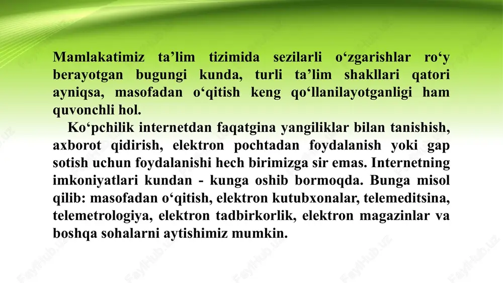 mni davom ettirish covid-19 kabi inqirozli vaziyatlarda maktablar va universitetlarning yopilishiga qaramay, ta’lim jarayonining uzluksizligini ta’minladi. xulosa masofaviy ta’lim zamonaviy ta’lim tizimining ajralmas qismiga aylangan bo‘lib, u o‘quvchilarga qulaylik, keng imkoniyatlar yaratadi va ta’limda tenglikni oshiradi. bu tizim kelajakda yanada rivojlanib, ta’lim sifatini yaxshilashda muhim omil bo‘lib xizmat qiladi. adabiyotlar asosiy adabiyotlar 1.dadamirzayeva g. raqamli tarix.darslik. – toshkent: “fan”, 2023. – 190 b. (armda pdf da mavjud) 2.ungalov a. raqamli tarix. o‘quv qo‘llanma. – samarqand. 2024. – 165 b. (armda pdf da mavjud) 3.mo’minov x. raqamli tarix. darslik –toshkent“nurafshon bussines” 2022-278 b. (armda pdfda mavjud) iaxborot manbaalari 1.www.ziyonet.uz 2.www.edu.uz. 3.www.google.uz. e’tiboringiz uchun katta rahmat ! toshkent 2025 image3.jpeg image4.jpeg image2.jpeg