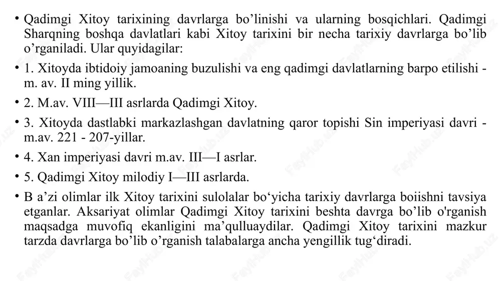 nomini olgan. qadimgi xitoy tarixining bu davri ko‘p manbalar asosida o‘rganilishi mumkin. ammo o‘zaro sinfiy munosabatlar xarakteri hamda ba’zi ijtimoiy - iqtisodiy atamalarning ma’nosini aniq belgilab olishga imkon beradigan maxsus manbashunoslik va tarixiy – lingvistik asarlarning yo‘qligi tufayli ijtimoiy - iqtisodiy munosabatlar masalasini to‘la hal qilib bo‘lmaydi. lekin xitoy tarixchilari va sobiq mamlakat olimlarining asarlari ba’zi faktlarni aniqlashga imkon berib, ular xitoy quldorligi tarixidagi o‘ziga xos xususiyatlarni bilib olishga yordam beradi. temirni rivojlantirishda sekin – asta burilish yasalishi, yangi va ancha mukammal temir qurollarning paydo bo‘lishiga olib keladi. miloddan avvalgi vii asrda si hukmronligida davlat temirni o‘z monopoliyasiga oladi. omoch uchun temir tishlardan foydalana boshlaydilar, bu esa mehnat unumdorligini oshiradi va qishloq xo‘jaligida ko‘plab qullardan foydalanish imkoniyatini beradi. biroq avvalgi qishloq jamoalarining barqarorligi quldorlik munosabatlarining rivojlanish jarayoniga to‘sqinlik qiladi. bu jamoalarning ko‘pi, ayniqsa mamlakatning uzoq joylaridagi jamoalar juda sodda urug‘ - qabilachilik sharoitida yoki bir qadar taraqqiy etgan oila – …