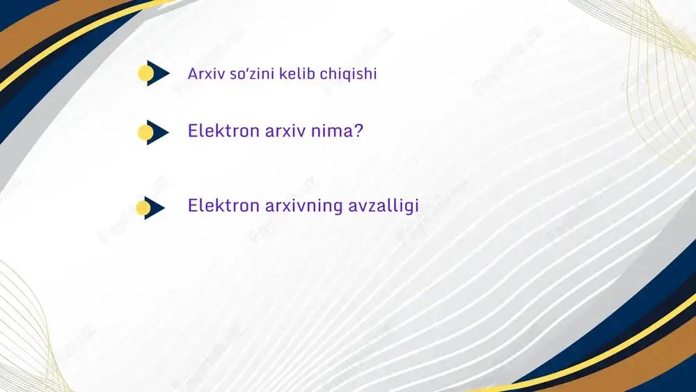 rnet orqali ulashish imkoniyati mavjud tezkor qidiruv va foydalanish – elektron arxivda hujjatlarni kalit so‘zlar, sanalar yoki mavzular bo‘yicha bir necha soniyada topish mumkin. oddiy arxivda esa ko‘p vaqt ketadi. joy tejash – elektron arxiv kompyuter va serverlarda saqlanadi. qog‘oz arxivlar esa katta xonalarni talab qiladi. elektron arxiv avzalligi 20 40 60 80 100 120 140 xavfsizlik – elektron arxivni maxfiy parollar, kodlash va zaxira nusxalar yordamida himoya qilish mumkin. qog‘oz hujjatlar esa yong‘in, suv yoki chirishdan zarar ko‘rishi oson. ko‘paytirish va tarqatish qulayligi – elektron hujjatlarni bir zumda ko‘paytirish va boshqa joylarga yuborish mumkin. oddiy arxivda hujjatni ko‘paytirish fotonusxa yoki skaner orqali. item 1 item 2 item 3 item 4 item 5 0 20 40 60 80 100 120 140 masofadan foydalanish imkoniyati – internet orqali elektron arxivga istalgan joydan kirish mumkin. oddiy arxiv uchun esa hujjat turgan joyga borish kerak. atrof-muhitga foydali – elektron hujjatlar qog‘oz iste’molini kamaytiradi, …