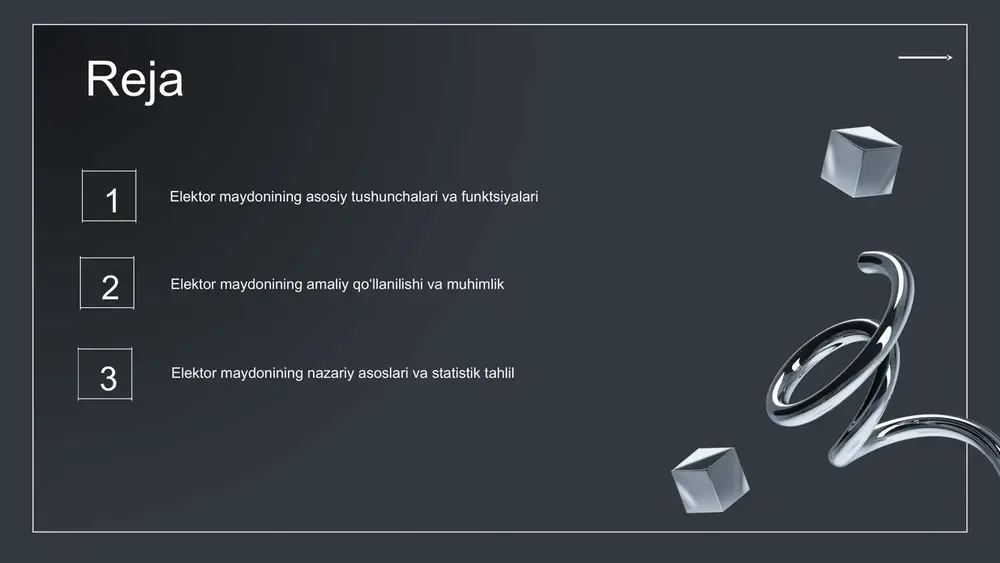 tavsiflaydi. fizikaviy xususiyatlar va qonunlar elektor maydonining fizik xususiyatlari, masalan, to'lqin tarqalishi va energiya o'tkazilishi, maxvell tenglamalari bilan tavsiflanadi. statistik tahlil va uning ahamiyati elektor maydonida statistik tushunchalar statistik tahlil, ma'lumotlarni yig'ish, tahlil qilish va interpretatsiya jarayonidir. o'rtacha, dispersiya va korrelyatsiya parametrlarini o'z ichiga oladi. tahlil usullari va qo'llanilishi variance, korrelyatsiya, regressiya va spektral tahlil asosiy usullardir. fourier transformasi misol bo'la oladi. natijalar va nazariy asoslar statistik natijalar nazariy modellarga mos keladi. modelni tekshirish va ishonchlilik ehtimol va xatolik bilan aniqlanadi. kelajak prognozlari parametrlar va modellardan kelajak prognozlar, tizim barqarorligi va optimallashtirish uchun foydalaniladi. shovqin darajasini prognoz qilish misol. elektor maydonining o'ziga xos xususiyatlari va amaliy qo‘llanilishi uni zamonaviy texnologiyalarda muhim rol o'ynashiga olib keladi. prof. islomov a. foydalanilgan adabiyotlar 1. o'zbekiston milliy universiteti. elektromagnit maydonlar nazariyasi va amaliy qo'llanilishi. toshkent: o'zbekiston nashriyoti, 2018. 2. sultonov, a. elektr maydonlari va ularning texnologik ilovalari. elektronika va telekommunikatsiya jurnal, 2020. 3. rashidov, …