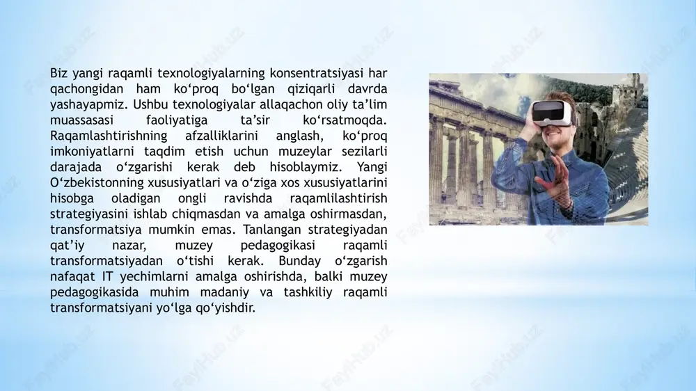 da u lotinchadan tarjima qilinganda “virtus” – xayoliy, faraz qilish so‘zlaridan kelib chiqqan. dastlab virtual muzeylar haqiqiy muzeylarning saytlari bo‘lgan bo‘lsa, keyinchalik shaxsiy web sayt — muzeylar paydo bo‘la boshladi. birinchi shaxsiy virtual muzeylar 1994 yilda paydo bo‘lgan. biroq barcha rasm to‘plamlari ham virtual muzey bo‘la olmaydi. virtual muzeylarning to‘plamlari ikkita o‘ziga xos xarakteristikaga ega bo‘lishi kerak. bu virtual turlar va eksponatlarning mukammallashgan qidiruvidir. an’anaviy muzeyda bo‘lgani kabi, virtual muzey ham ma'lum obyektlar atrofida (masalan, san'at muzeyi yoki tabiiy tarix muzeyi) loyihalashtirilishi yoki birlamchi yoki ikkilamchi manbalardan (masalan, fan muzeyida) yaratilgan onlayn ko‘rgazmalardan iborat bo‘lishi mumkin. virtual muzeylarni tashkil etish uchun albatta interfaol muhit lozim bo‘ladi. interfaol muhitning bir nechta turlari mavjud. ulardan biri 3d-me’moriy metafora bilan muzeyning vizual tasvirlari bilan 3d maydonini qayta tiklashdir. bu esa turli xil mekansal ma’lumotlardan foydalangan holda joyni his qilishni ta'minlaydi. ular odatda 3d modellashtirish, vrml (virtual haqiqatni modellashtirish tili ) va hozir x3d …