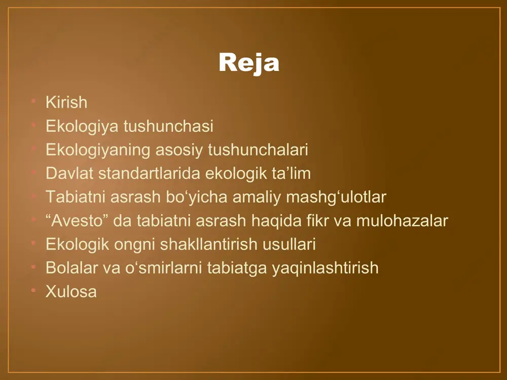 ammasi (o‘simlik, hayvon, tuproq, suv bilan). tabiatdagi muvozanatni ko‘rsatuvchi oddiy infografika. ekologiyaning asosiy tushunchalari matn (slayd uchun qisqa va tushunarli shakl): biosfera – yer yuzidagi barcha tirik organizmlar va ularning yashash muhiti. biotsenoz – bir hududdagi turli tirik organizmlar jamiyati va ular orasidagi o‘zaro munosabatlar. ekosistema – tirik va notirik muhit elementlarining birlashgan tizimi. atrof-muhit ifloslanishi – havo, suv va tuproqning zararli moddalar bilan ifloslanishi. tabiiy resurslarni tejash – energiya, suv, o‘rmon va boshqa resurslardan oqilona foydalanish. qo‘shimcha vizual tavsiyalar: biosfera va ekosistema diagrammasi. hayvonlar, o‘simliklar va suv elementlarini ko‘rsatadigan infografika. davlat standartlarida ekologik ta’lim davlat ta’lim standartlarida ekologik ta’lim – maktab va oliy ta’lim muassasalarida o‘quvchilarga atrof-muhitni asrash va tabiat bilan uyg‘un yashash ko‘nikmalarini berishni nazarda tutadi. asosiy talablar quyidagilardan iborat: ekologik bilimni rivojlantirish: o‘quvchilarga ekosistema, biosfera, tabiat resurslari va atrof-muhit ifloslanishi haqida chuqur bilim berish. amaliy ko‘nikmalar: tabiatni muhofaza qilish bo‘yicha tajriba ishlari, daraxt ekish, suv va energiyani …