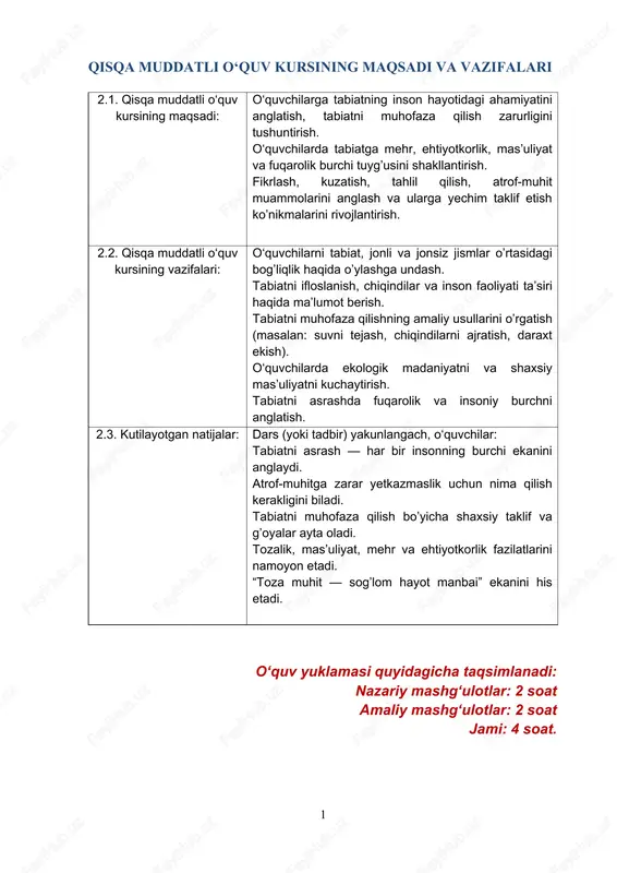 oʼquvchining o‘rni 1 1 jami 4 2 2 qisqa muddatli oʻquv kursining mazmuni 1-mavzu: “chiqindilarning turlari” sinf: 9-10-sinf darsning maqsadi: bilish maqsadi: o‘quvchilarga chiqindilar tushunchasi va ularning turlari haqida ma’lumot berish. tarbiyaviy maqsad: tabiatga ehtiyotkorona munosabatni shakllantirish, ekologik madaniyatni oshirish. rivojlantiruvchi maqsad: kuzatish, tahlil qilish va fikrlash qobiliyatini rivojlantirish. kutilgan natija: dars oxirida o‘quvchilar-chiqindi nima ekanini tushuntiradi; chiqindilarning asosiy turlarini ajrata oladi; qayta ishlanadigan va ishlanmaydigan chiqindilarni farqlay oladi; o‘z atrofidagi chiqindilarni to‘g‘ri ajratishga intiladi. kerakli jihozlar: slaydlar yoki plakatlar (“maishiy”, “sanoat”, “qayta ishlanadigan” chiqindilar bo‘yicha); turli chiqindilar (qag‘oz, plastik, shisha, metall ifodalari); video yoki rasmlar; chiqindilarni ajrataylik” o‘yini uchun kartochkalar darsning borishi: 1. tashkiliy qism (3 daqiqa): 2. mavzuga kirish (5 daqiqa): o‘qituvchi savol beradi: «har kuni uyimizda, maktabda yoki ko‘chada nimalar chiqindilarga aylanadi?» o‘quvchilar javob beradi (qag‘oz, idish, ovqat qoldiqlari va h.k.). o‘qituvchi xulosa qiladi: “ha, biz har kuni turli chiqindilar hosil qilamiz. ular turli xil bo‘ladi va …