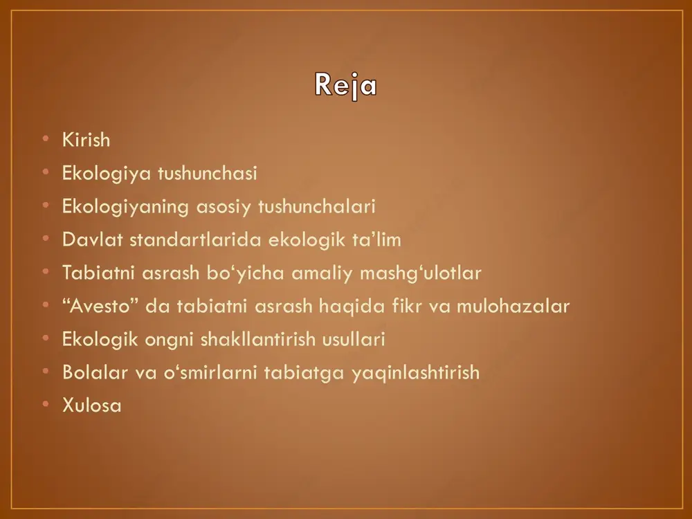 izual tavsiyalar: • ekosistema diagrammasi (o‘simlik, hayvon, tuproq, suv bilan). • tabiatdagi muvozanatni ko‘rsatuvchi oddiy infografika. ekologiyaning asosiy tushunchalari • matn (slayd uchun qisqa va tushunarli shakl): • biosfera – yer yuzidagi barcha tirik organizmlar va ularning yashash muhiti. • biotsenoz – bir hududdagi turli tirik organizmlar jamiyati va ular orasidagi o‘zaro munosabatlar. • ekosistema – tirik va notirik muhit elementlarining birlashgan tizimi. • atrof-muhit ifloslanishi – havo, suv va tuproqning zararli moddalar bilan ifloslanishi. • tabiiy resurslarni tejash – energiya, suv, o‘rmon va boshqa resurslardan oqilona foydalanish. • qo‘shimcha vizual tavsiyalar: • biosfera va ekosistema diagrammasi. • hayvonlar, o‘simliklar va suv elementlarini ko‘rsatadigan infografika. davlat standartlarida ekologik ta’lim • davlat ta’lim standartlarida ekologik ta’lim – maktab va oliy ta’lim muassasalarida o‘quvchilarga atrof-muhitni asrash va tabiat bilan uyg‘un yashash ko‘nikmalarini berishni nazarda tutadi. • asosiy talablar quyidagilardan iborat: • ekologik bilimni rivojlantirish: o‘quvchilarga ekosistema, biosfera, tabiat resurslari va atrof-muhit ifloslanishi …