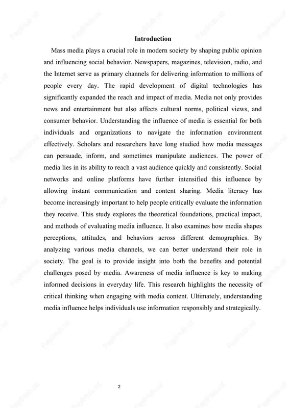 ce the influence of media on society has been a subject of academic study for decades. mass media includes various channels such as newspapers, magazines, television, radio, and digital platforms that transmit information to a wide audience. theoretical foundations help us understand how media shapes public opinion and social behavior. one key theory is the agenda-setting theory, which suggests that media determines the importance of topics by giving them more visibility. another important framework is the cultivation theory, which argues that prolonged exposure to media content can shape individuals’ perceptions of reality. the uses and gratifications theory focuses on how audiences actively select media to satisfy personal needs such as information, entertainment, or social interaction. media influence is not limited to information dissemination; it also impacts cultural norms, political attitudes, and consumer behavior. communication scholars emphasize the role of framing, where the way information is presented affects how audiences interpret …