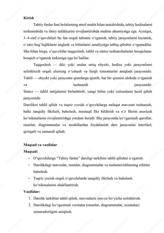 darslikni tahlil qilish va taqriz yozish jarayonida quyidagi uslubiy metodlardan foydalanish tavsiya etiladi: · interfaol metodlar: muhokama, savol-javob, guruh ishlari, taqriz yozish, fikr almashish. · ko‘rgazmali vositalar: darslik rasmlari, plakatlar, diagrammalar, sxemalar, real obyektlar va modellar. · amaliy faoliyat: mavzuni tahlil qilish, darslikdagi mavzularni solishtirish, ijobiy va salbiy tomonlarini aniqlash, takliflar berish. dars jarayoni 1. tashkiliy qism (5 daqiqa) · o‘quvchilarni sinfga chaqirish, salomlashish va qisqa suhbat orqali diqqatini jamlash. · darsning mavzusi va maqsadini tushuntirish. · o‘quvchilarga bugungi faoliyatning mazmuni va vazifalari haqida qisqacha ma’lumot berish. 2. kirish qismi (10 daqiqa) · o‘quvchilardan so‘rash: “sizlar qaysi mavzularni o‘rgandingiz?” yoki “darslikdagi qaysi mavzular sizga qiziq tuyuldi?” · darslikdagi mavzularni umumiy ko‘rib chiqish, rasmlar, diagrammalar va sxemalarni aniqlash. · darslikdagi mavzularni bolalarga qisqacha tushuntirish va asosiy fikrlarni ajratib ko‘rsatish. 3. asosiy qism (25–30 daqiqa) · tahlil qilish: · har bir mavzu bo‘yicha matnni, misollarni, rasmlarni tahlil qilish. · mavzular qanchalik tushunarli, …