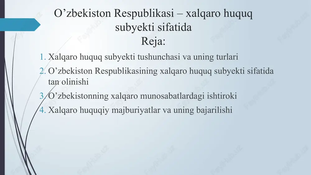 qaro hamjamiyat bilan teng huquqli, suveren hamkorlik qilish yo`lini tutdi. bu borada hamkorlikning xalqaro e`tirof etilgan konstitutsiyaviy hamda huquqiy asoslari shakllantirildi. bugun o`zbekiston jahon hamjamiyatidao`z o`rni va so`ziga ega bo`lgan davlatga aylandi. o`zbekiston jahonning qator mamlakatlari va xalqaro tashkilotlari bilan turli sohalarda hamkorlik qilmoqda, ko`plab yirik tashkilotlarning teng huquqli a`zosidir. o’zbekiston respublikasi birinchi prezidenti i.a.karimov boshchiligida o’zbekiston qisqa vaqt ichida dunyoning ko’plab yetakchi davlatlari bilan o’zaro manfaatli aloqalarni o’rnatishga muvaffaq bo’ldi va 1990-yillarning o’rtalariga kelib 165 davlat mamlakatimiznitanoldi. hozirgi kunda ularning 133 tasi bilan diplomatik munosabatlar o’rnatilgan. toshkentda44 davlat va 20 dan ortiq yirik xalqaro tashkilotlarning vakolatxonalari akkreditatsiyadano’tgan.o’z navbatida, o’zbekiston respublikasining 46 ta diplomatik va konsullik vakolatxonalarixorijiy davlatlarda va xalqaro tashkilotlar huzurida faoliyat yuritadi bmt ning yevropa byurosi va jenevadagi boshqaxalqarotashkilotlar. o’zbekiston 100 dan ortiq xalqaro tashkilotlarga, jumladan, bmt, shht, mdhvaboshqalarga a’zo. o’zbekiston to’laqonli asosda eng nufuzli xalqaro tashkilotlarninga’zosibo’lib, yirik bank, moliya organlari bilan hamkorlik qiladi nodavlat va nodavlat tashkilotlari …