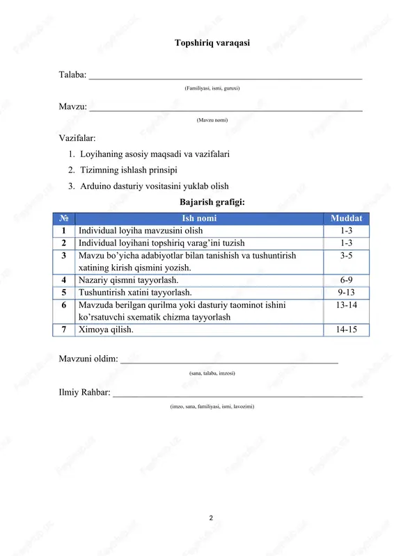 sh tizimining afzalliklari va samaradorligi 30 2.5. tizimni joriy qilish bo’yicha tavsiyalar 33 iii. amaliy qism 36 3.1. arduino dasturiy vositasini yuklab olish 36 3.2. aqlli yoritish tizimini loyihalash dasturi 38 iv. xulosa 44 v. foydalanilgan adabiyotlar va saytlar 45 vi. ilova 47 kirish hozirgi davrda texnologik taraqqiyot shahar infratuzilmasini yanada samarali boshqarish uchun zamonaviy yechimlarni talab qilmoqda. shaharlarning rivojlanishi va aholining o‘sishi sababli energiya iste’moli, xavfsizlik va qulaylik masalalari muhim ahamiyat kasb etmoqda. bu jarayonlarda internet of things (iot) texnologiyalari dolzarb yechim sifatida namoyon bo‘lmoqda. iot texnologiyalari yordamida turli qurilmalar va tizimlar o‘zaro ulangan holda ishlaydi, bu esa avtomatlashtirish, ma'lumotlarga asoslangan qarorlar qabul qilish va energiya tejamkorligini ta'minlashga imkon beradi. aqlli shaharlar konsepsiyasi iot texnologiyalaridan keng foydalanishni ko‘zda tutadi. shu jumladan, shahar infratuzilmasida yoritish tizimlarini optimallashtirish va energiya iste’molini kamaytirish orqali ekologik muammolarni hal qilishda iot asosiy rol o‘ynaydi. ushbu loyiha iot texnologiyalari yordamida shahar infratuzilmasi uchun aqlli yoritish …