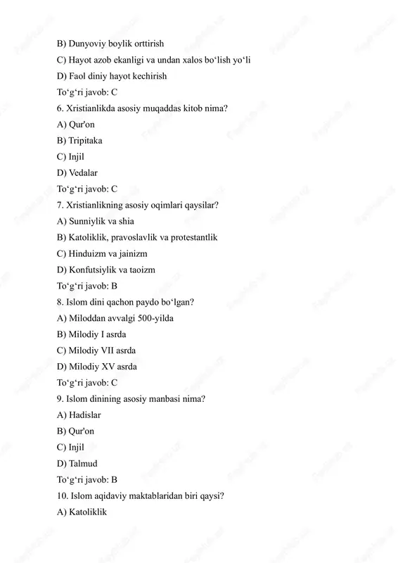h) c) sunniylik d) pravoslavlik to‘g‘ri javob: b 14. sekta tushunchasi nimani anglatadi? a) umumiy diniy harakat b) dindan tashqari harakat c) asosiy dindan ajralib chiqqan diniy guruh d) davlat diniy siyosati to‘g‘ri javob: c 15. diniy fundamentalizm nima? a) dinni o‘rganish ilmiy yondashuvi b) dinning asosiy tamoyillarini qat'iy tutishga intilish c) turli dinlarni aralashtirish d) sekulyar hayotni qo‘llab-quvvatlash to‘g‘ri javob: b 16. diniy radikalizm nimani anglatadi? a) ilmiy yondashuvni qo‘llab-quvvatlash b) dinga qarshi kurash c) ekstremistik va tajovuzkor diniy harakat d) madaniy integratsiya to‘g‘ri javob: c 17. ekstremizmga qarshi kurashning asosiy yo‘nalishi nima? a) kuch ishlatish b) tushuntirish va profilaktik ishlar c) qattiq jazolar d) masjidlarni yopish to‘g‘ri javob: b 18. dunyo hamjamiyatining terrorizmga qarshi kurashdagi tajribasiga nima kiradi? a) faqat harbiy choralar b) faqat siyosiy muzokaralar c) harbiy, siyosiy va ma'rifiy choralar uyg‘unligi d) diniy erkinlikni cheklash to‘g‘ri javob: c 19. dunyoviy bilimlar va diniy e’tiqod birligiga erishishning …