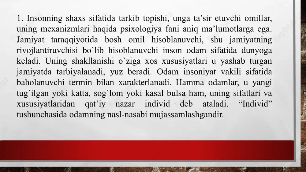 kanligini ta’kidlagan. shaxs sifatida kamolga erishmagan individ bo`ladi. bunga hayvonlar orasida tarbiyalangan bolalarni misol kilishimiz mumkin. ammo individni shaxsga aylanishida qanday omillar mavjud. rus psixologi s.l.rubinshteyn: odam o`zidagi takrorlanmas xususiyatlariga ko`ra individualdir. uni o`z atrofidagilariga, borliqqa bo`lgan ongli munosabati, biror faoliyat bilan shug`illanishi uning shaxs ekanligidan dalolat beradi. individ bo`lib tug`ilgan insonni shaxsga aylanishi uchun nimalar zarur? ijtimoiylik ongga ega bulish faollik 4) insonni falollikga undovchi narsa ehtiyojdir. shaxs tushunchasiga psixolog olimlar tomonidan berilgan qator (50 ga yaqin) tavsiflar mavjud. shulardan quyidagilarni keltiramiz: «shaxs- ijtimoiy munosabatlarning sub’ekti va ob’ektidir» (a.g.kovalyov). «shaxs individlararo munosabatlarning sub’ekti sifatida» (a.v.petrovskiy) «shaxs - jamiyatda o`z o`rnini anglovchi faoliyatga qodir a’zosidir» (k.k.platonov) «shaxs faoliyat sub’ektidir» (a.n. leontev) juda ko`plab ta’rif va tushunchalar orasida amerikalik psixolog g. ollportning ta’rifi e’tiborga loyiqdir: «shaxs bu hayot jarayonida shakllanuvchi individual o`ziga xos psixo fiziologik tizimlar shaxs xususiyatlari yig`indisi bo`lib, u asosida ushbu insonga xos tafakkur va xulq - atvor yuzaga …