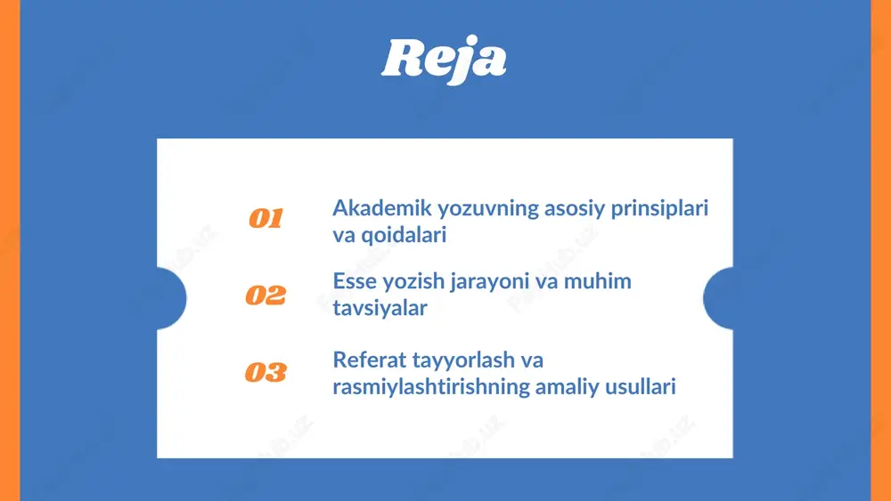 asosiy fikrlarni aniqlik bilan belgilash va ularni mantiqiy tartibda joylashtirish muhim. diagramma yoki ro'yxat shaklida reja tuzish fikrlarni aniqroq qilishga yordam beradi. yozish jarayonida, kirish, asosiy qism va xulosa uchun aniq maqsad va fikrlarni belgilash, grammatika va uslubiy to'g'rilikni ta'minlash muhim. bu yozuvning sifatini oshiradi. photo by ahmed on unsplash https://unsplash.com/@mutecevvil?utm_source=ai_slide_maker&utm_medium=referral https://unsplash.com/photos/three-people-sitting-in-the-grass-looking-at-a-laptop-77kvk8lhih8?utm_source=ai_slide_maker&utm_medium=referral esse yozish uchun tavsiyalar mavzuni chuqur o'rganish: mavzuning asosiy tushunchalarini va muhim jihatlarini o'rganish, iloji boricha keng qamrovli ma'lumotlar to'plash. bu, sizga mavzuni to'liq tushunishga va muhim nuqtalarni aniqlashga yordam beradi. o'z fikrlaringizni aniq ifodalash: aniq va lo'nda fikr bildirish, mavzuga bag'ishlangan asosiy fikrlarni to'g'ri va ravon tarzda ifoda etish muhim. manbalarni to'g'ri ko'rsatish va tahrir qilish essa sifatini oshiradi. tahrir va qayta ko'rib chiqish orqali ish sifatini yanada yaxshilash mumkin. ushbu tavsiyalar essa yozish jarayonini samarali qilishga yordam beradi. referat tayyorlash jarayoni reja ishlab chiqish uchun mavzuni aniqlash, ma'lumotlarni to'plash va muhim jihatlarni belgilash muhim. bu bosqichda …