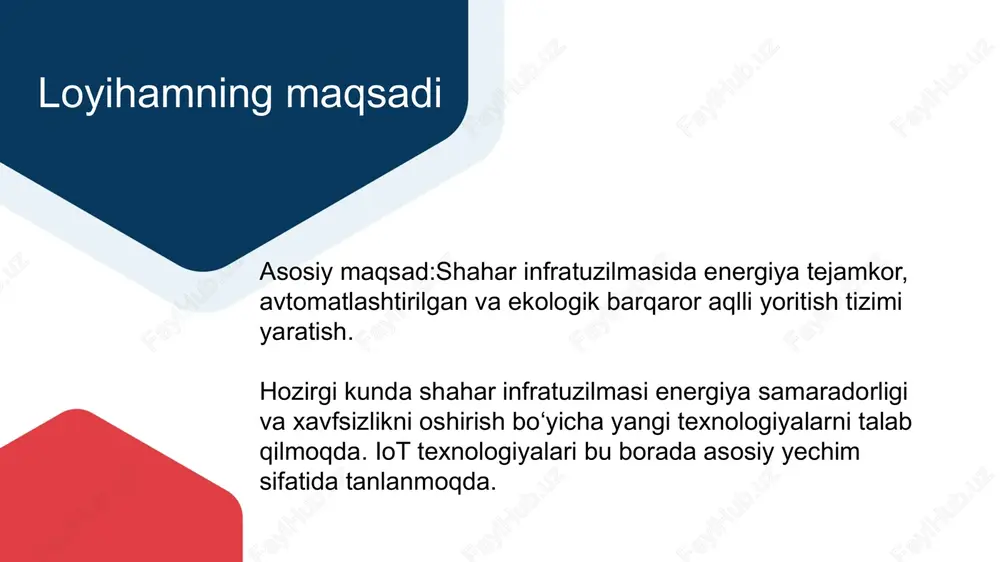 ʼlumotlarni real vaqt rejimida qayta ishlaydi va avtomatik javob beradi. ‹#› arduino va raspberry pi yordamida aqlli yoritish arduino: sensorlardan maʼlumot yig‘adi. chiroqlarni avtomatik boshqarish uchun dasturiy taʼminot orqali ishlaydi. arzon va ishonchli texnologiya. raspberry pi: maʼlumotlarni tahlil qiladi va iot platformasi sifatida ishlaydi. bulut orqali masofaviy boshqaruv imkonini beradi. murakkab algoritmlarni bajarishda ishlatiladi. 行业ppt模板http://www.freeppt7.com/hangye/ 行业ppt模板http://www.freeppt7.com/hangye/ aqlli yoritish tizimining afzalliklari energiya samaradorligi xavfsizlikni oshirish va ekologik foyda texnik xizmat xarajatlarini kamaytirish iqtisodiy samaradorlik faqat kerakli vaqtda yoritish. elektr energiyasi sarfini kamaytirish. jinoyatchilik xavfini kamaytirish. videokuzatuv tizimlari bilan integratsiya. uglerod chiqindilarini kamaytirish va ekologik muvozanatni saqlash. chiroqlarni masofaviy monitoring qilish va taʼmirlash samaradorligi. uzoq muddatli energiya va xarajat tejamkorligi. ‹#› loyihaning natijasi: iot texnologiyasi yordamida shahar yoritish tizimlarini samarali avtomatlashtirish. energiya tejamkor, xavfsiz va ekologik barqaror tizim yaratiladi. amaliy tavsiyalar: loyihani shahar infratuzilmasida bosqichma-bosqich joriy qilish. aqlli transport tizimlari va xavfsizlik tizimlari bilan integratsiya qilish. ‹#› e’tiboringiz uchun tashakkur!!! umaraliyeva maxliyoxon …