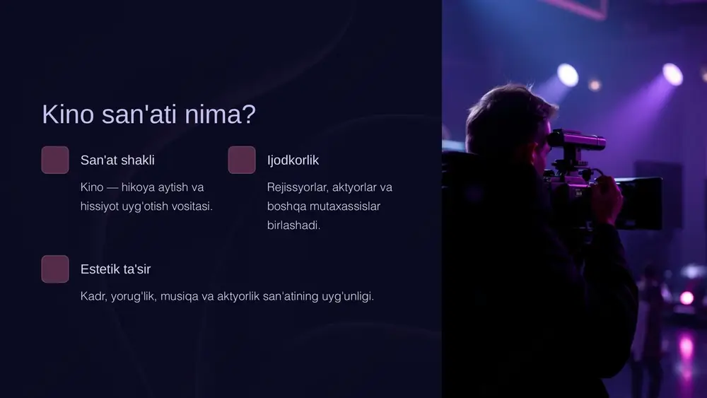 ni yaratishi mumkin. 9 kino san'atidan kelajakga qarash yangi texnologiyalar ai va vr kino sanoatini o'zgartirmoqda. ijodiy erkinlik ijodkorlar yangi imkoniyatlarga ega bo'lmoqda. global hamkorlik hududlararo kino ishlab chiqarish ko'payadi. kino san'ati va sanoati yangi davrda ham o'z o'rnini mustahkamlashda davom etadi. 10 image1.png image2.png image3.png image4.png image5.png image6.png image7.png image8.png image9.png image10.png image11.png image12.png image13.png image14.png image15.png image16.png image17.png
