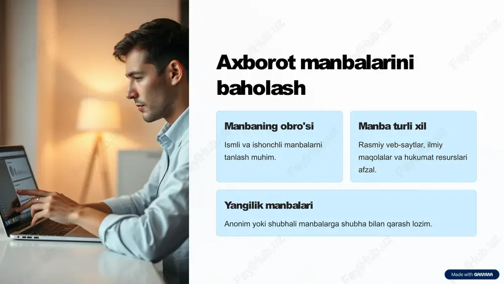 ain axborotning manipulyatsiyasini oldini oladi kiberxavfsizlik ma’lumotlar himoyasini ta’minlaydi 9 asosiy xulosalar va keyingi qadamlar faktlarni har doim tekshiring haqiqiy manbalarni aniqlang va ishonch hosil qiling. axborotni tarqatishda mas’uliyat soxta xabarlardan ehtiyot bo'ling. texnologiyalarni qo‘llang yangi vositalar yordamida ishonchlilikni oshiring. 10 image1.png image2.png image3.png image4.png image5.png image6.png image7.png image8.png image9.png image10.png image11.png image12.png image13.png image14.png image15.png image16.png image17.png image18.png image19.png image20.png image21.png image22.png