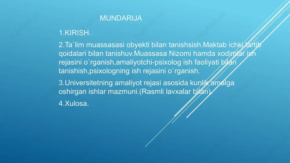 berib bordilar. ushbu o’quvchilar bilan koreksiyon mashg’ulotlar har oy davomida o’tkazib borish kerak o’quvchilarni nazoratga olish ular bilan suhbatlar tashkil qilish kerakligi haqida maktab psixologi tomonidan amalga oshirilishini o’rganib oldim. amoliyotni to’rtinchi kuni 07.04.2024. o’ibdo’ z.choriyev bilan uchrashuv belgilandi.o’ibdo’ ish jarayonlarini kuzatdim. meni maktabning eng namunali sinfi bilan birgalikta bilim jihatdan oqsagan sinif bilan tanishtirib ularga biriktirib qo’ydi. o’quvchilar bilan birma bir tanishib oldim va shuningdek sinf rahbarlari bilan ham tanishib oldim.sinif rahbarlari bilan suhbatlashib o’zimga kerakli xulosalar oldim. amaliyotni beshinchi kuni 09.04.2024 maktab psixologining yillik ish rejasi va haftalik ish rajasi bilan tanishdim. to’rta daftar qanday yurutilishini o’rgandim.ijtimoiy passport yaratilishi va kodlangan o’quvchilar bilan koreksion reja asosida ular bilan oy davomida qilinadigan ishlarni rejalashtirib oldim. amaliyotni oltinchi kunida 11.04.2024 maktab tadbirlarini tayorlash va uni o’tkazish uchun maktabda zal mavjud ekan barcha sharoitlari bor. soat 8-00 da dars boshlansa ustozlar maktabga 7-30 da maktabga tashrif buyurar ekan.maktbning ichki tartib intizom …