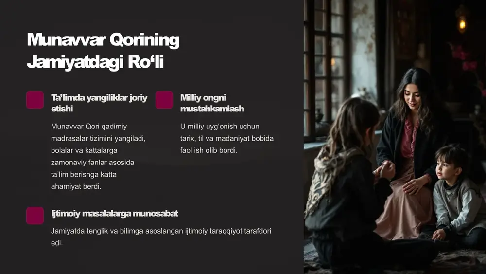 i fikrlar oqimini ishlab chiqdi. 5 jadid marifatparvarlarining ijtimoiy-ma’naviy ta’siri ta’limni yangilash yangi uslubdagi maktablar ochildi, o‘quv dasturlari zamonaviylashdi. 1 milliy uyg‘onish til, adabiyot va milliy madaniyat rivojlantirildi. 2 siyosiy faollik mustaqillik va ozodlikni qo‘llab-quvvatlash faollashdi. 3 jamiyatda o‘zgarish ijtimoiy qatlamlar orasida yangi tafakkur va qadriyatlar shakllandi. 4 6 jadidlar g‘oyalarining tarqalishi va qabul qilinishi matbuot va nashrlar gazeta va jurnallar orqali yangicha fikrlar keng tarqaldi. ta’lim tarqalishi yangi maktablar tashkil etilib, keng ko‘lamli o‘quvchilar qamrab olindi. ijtimoiy munozaralar jadidlar g‘oyalari muhokamalar markazida bo‘ldi. milliy ozodlik harakati ushbu g‘oyalar mustaqillik yo‘lida muhim asos bo‘ldi. 7 jadid marifatparvarlarining merosi va zamonaviy o‘zbek jamiyatiga ta’siri ta’lim sohasida innovatsiyalar zamonaviy ta’lim tizimidagi o‘zgarishlar asoslari yaratilgan. milliy madaniyat rivoji jadidlar asos solgan madaniy qadriyatlar bugungi kunda rivojlanmoqda. shaxsiy va ijtimoiy ongni uyg‘otish ularning ta’limi va fikrlari yangi avlod uchun ilhom manbai bo‘lib xizmat qilmoqda. 8 xulosa va kelajak yo‘llari 4 asosiy jadid marifatparvarlar munavvar …