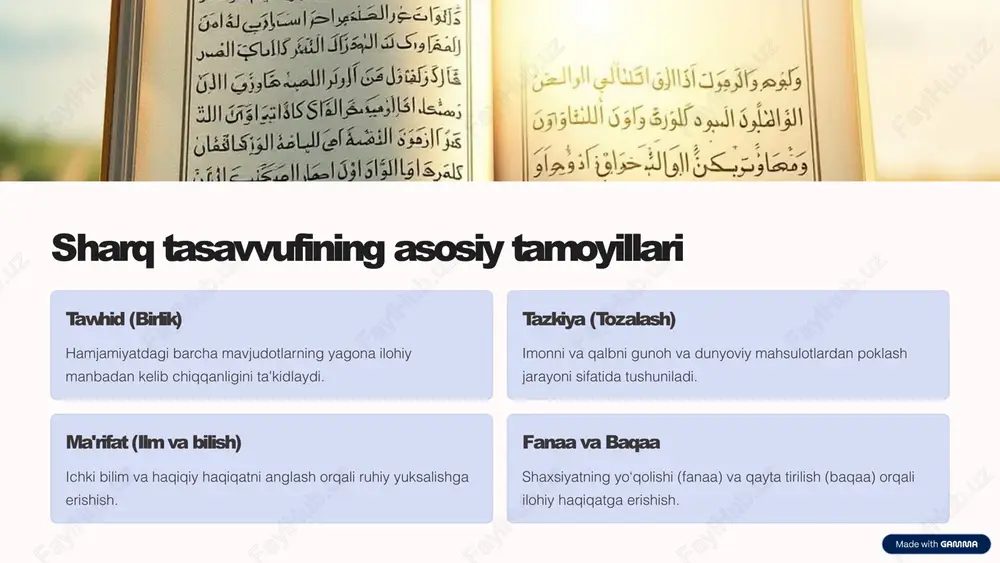 xotirjamligini oshirishda ishlatilmoqda. tarbiya va ta'lim bog‘liqlik va ichki tinchlik kontseptsiyalari maktab va universitetlarda qo‘llanilmoqda. sog‘liqni saqlash mindfulness va meditatsiya usullari bilan fiziki hamda ruhiy sog‘liqni yaxshilash. 5 yangi davr tasavvufining asosiy qiyinchiliklari globalizatsiya ta'siri tsavvufiy an'analar va bilimlarning globallashuv davrida zakovatli saqlanishi muhim。 yangi talqinlar xavfi tasavvuf mazmunining noto‘g‘ri talqin qilinishi va soddalashtirilishi mumkin. jamiyatda tushunmovchilik tasavvuf g‘oyalarining ayrim qismchilari tomonidan noto‘g‘ri qabul qilinishi. 6 sharq tasavvufi va barqaror taraqqiyot ichki tinchlik shaxsiy ruhiy barqarorlik jamiyat barqarorligining asosi hisoblanadi. jamiyatga xizmat mehr-shafqat va hamkorlik asosidagi jamiyat yaratishga yordam beradi. tabiat bilan uyg‘unlik tabiatni hurmat qilish va uni asrash - barqaror hayotning muhim jihati. 7 sharq tasavvufining dunyoqarashga ta'siri koinotga yagona qarash tasavvuf hayot va olamning birligi tushunchasini tarannum etadi. mehr-muhabbat ko‘p madaniyatlarda insoniy erkinlik va mehrga asoslangan dunyoqarash rivojlanmoqda. adolat va muvozanat adolatli jamiyat va tabiiy muvozanatni ta'minlash tashabbuslari kuchaymoqda. 8 yangi davr sharq tasavvufi: asosiy xulosalar va kelajak …