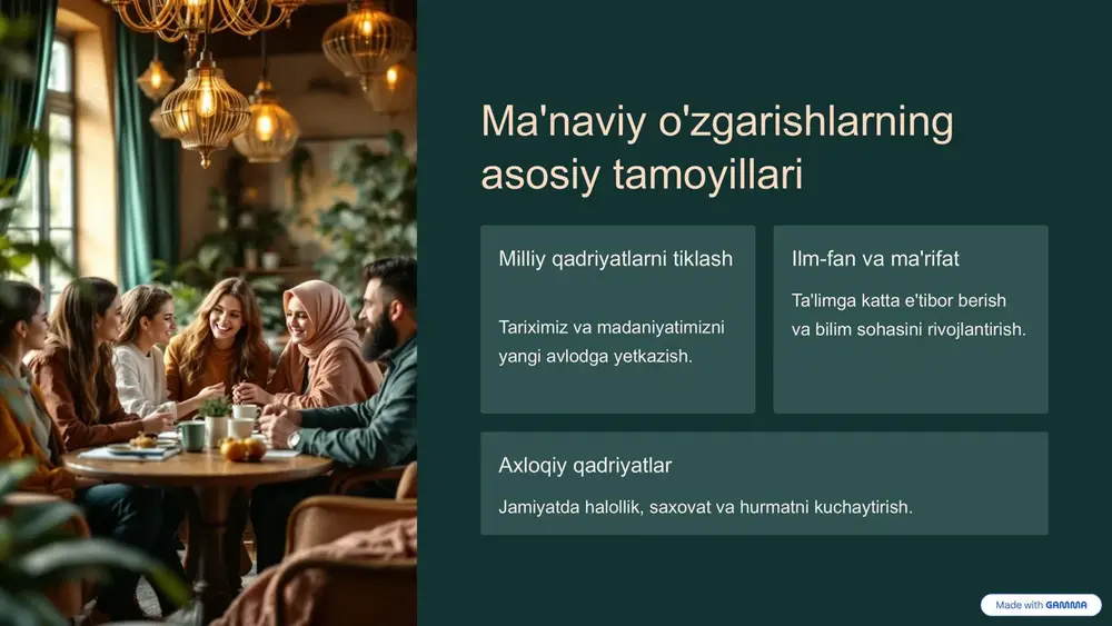 ol bo'ladi 3 axloqiy muhit yaxshilanadi 4 8 kelajak sari: keyingi qadamlar davomli ta'lim va tarbiya ilmiy va ma'rifiy jarayonlarni mustahkamlash. madaniyatni keng targ'ib qilish yoshlarni san'at va ilm-fanga jalb qilish. ijtimoiy hamkorlikni rivojlantirish jamiyat barqarorligini ta'minlash uchun kuchlarni birlashtirish. 9 image1.png image2.png image3.png image4.png image5.png image6.png image7.png image8.png image9.png image10.png image11.png image12.png image13.png image14.png image15.png image16.png image17.png
