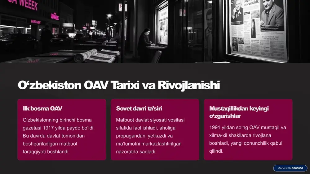 a internetning rivojlanishi bilan onlayn nashrlar, bloglar va ijtimoiy tarmoqlar faollashmoqda. 4 media texnologiyalarining raqamlashtirilishi traditsion media an’anaviy bosma va televideniye sohalari raqamli platformalarga o‘tmoqda. internet media internet saytlari va ijtimoiy tarmoqlar keng auditoriyani qamrab olmoqda. mobil platformalar mobil ilovalar va video platformalar interaktivlikni oshiradi. raqamli texnologiyalar oav faoliyatini samaradorligini oshirish bilan birga yangi auditoriyalarni jalb qilmoqda. 5 oavning jamiyatdagi ijtimoiy roli axborot tarqatish jamiyatni xabardor qilish, muhim yangiliklar va voqealar haqida tezkor ma’lumot berish. madaniyat va ta’lim milliy qadriyatlar, tarix va ilm-fan sohalarini yoritish orqali ma’naviy tarbiya berish. demokratiya va nazorat hukumat va jamiyat faoliyatini yoritish, fuqarolarni siyosiy jarayonga jalb qilish. ovoz berish platformasi ochiq fikr almashinuvi va jamiyat muammolarini muhokama qilish uchun erkin maydon yaratish. 6 o‘zbekiston oavining bugungi kun muammolari so‘z erkinligi va siyosiy ta’sir axborot xurujlari va senzura muammolari, mustaqillik haqida hokimiyat bilan nizolar mavjud. texnologik yetishmovchilik yangi raqamli platformalarda malakali kadrlar va qurilmalar kam. moliyalashtirish …