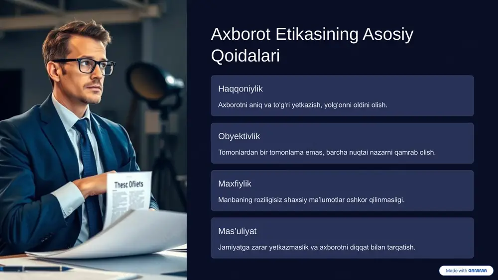 lari etik qoidalarga qat'iy rioya qilish texnologiyalar yordamida axborotni tekshirish jamiyat bilan yaxshiroq muloqot o‘rnatish jurnalistika kelajagi ishonch, haqqoniylik va mas’uliyatda yotadi. 9 image1.png image2.png image3.png image4.png image5.png image6.png image7.png image8.png image9.png image10.png image11.png image12.png image13.png