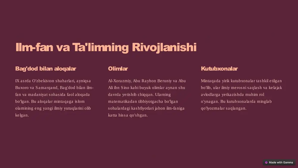 saroylar qurildi. bu inshootlar o'zining nafisligi va bezaklarining boyligi bilan ajralib turardi. san'atda xattotlik, naqsh solish va amaliy san'at turlari keng tarqaldi. xattotlik qur'on oyatlarini yozishda muhim rol o'ynagan bo'lsa, naqsh solish binolarni bezashda ishlatilgan. 4 musiqa va qo'shiqchilik saroy madaniyati musiqa saroy madaniyatining ajralmas qismi bo'lgan. hukmdorlar saroyida mashhur sozandalar va xonandalar to'planishgan. ular turli xil tadbirlarda chiqish qilishgan. innovatsiya musiqa asboblari takomillashib, yangi janrlar paydo bo'lgan. musiqa nazariyasi rivojlanib, musiqa san'atining nazariy asoslari yaratilgan. qo'shiqlar qo'shiqlar insonning his-tuyg'ularini ifoda etishda muhim rol o'ynagan. ularda sevgi, sadoqat, do'stlik va vatanparvarlik kabi mavzular kuylangan. 5 din va ma'naviyat islom dini islom dini mintaqada keng tarqalib, ma'naviy hayotning asosiy qadriyatiga aylangan. masjidlar va madrasalar ma'rifat markazlariga aylangan. sufiylik sufiylik ta'limotlari insonni ma'naviy poklanishga va xudoga yaqinlashishga chaqirgan. sufiylar jamiyatda katta hurmatga sazovor bo'lgan. 6 madaniy merosning saqlanishi qo'lyozmalar qadimiy qo'lyozmalarni saqlash va o'rganish madaniy merosni asrashning muhim yo'nalishlaridan biri bo'lgan. qo'lyozmalar …