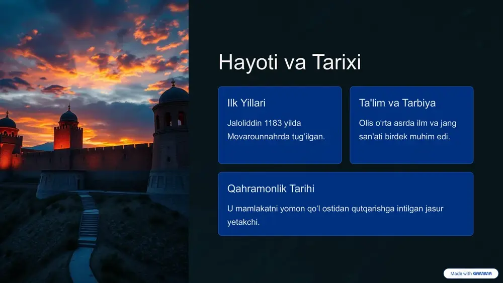 y xulosa va keyingi qadamlar 1 jaloliddinning roli u o‘zbek tarixidagi buyuk vatanparvar va jangchi. 2 tarixni o‘rganish uning hayoti va merosi yoshlarga o‘rnak bo‘lishi lozim. 3 vatanparvarlikni rivojlantirish yosh avlodda milliy g‘ururni kuchaytirish kerak. 4 madaniy merosni saqlash jaloliddinning tarixiy xotirasini asrash va targ‘ib qilish 9 image1.png image2.png image3.png image4.png image5.png image6.png image7.png image8.png image9.png image10.png image11.png image12.png image13.png image14.png image15.png
