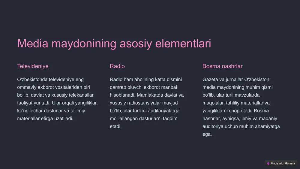 qiziqarli kontent yaratishga undaydi, bu esa auditoriyaning ehtiyojlarini qondirishga xizmat qiladi. innovatsiyalar raqobat yangi texnologiyalarni joriy etish, interaktiv formatlarni yaratish va auditoriya bilan aloqalarni yaxshilashga turtki beradi. 4 raqobatga ta'sir etuvchi omillar 1 qonunchilik media sohasini tartibga soluvchi qonunlar va normativ hujjatlar raqobat muhitining shakllanishida muhim rol o'ynaydi. 2 iqtisodiy omillar reklama bozori, investitsiyalar va media tashkilotlarining moliyaviy barqarorligi raqobatga ta'sir etuvchi asosiy omillardan hisoblanadi. 3 texnologik rivojlanish internet, mobil aloqa va ijtimoiy tarmoqlarning rivojlanishi axborot tarqatish usullarini o'zgartiradi va raqobatni kuchaytiradi. 5 internet jurnalistikasidagi raqobatning afzalliklari auditoriyaga yaqinlik internet jurnalistikasi auditoriya bilan to'g'ridan-to'g'ri muloqot qilish, ularning fikrlarini inobatga olish va ehtiyojlarini qondirish imkoniyatini beradi. tezkorlik voqealarni tezkor yoritish, yangiliklarni real vaqt rejimida tarqatish va dolzarb masalalarga tezda javob berish imkoniyati mavjud. global auditoriya internet jurnalistikasi mamlakat chegaralaridan tashqariga chiqish va global auditoriyani qamrab olish imkoniyatini yaratadi. 6 muammolar va yechimlar sifatli kontent yetishmasligi 1 axborot xavfsizligi 2 moliyaviy barqarorlik …