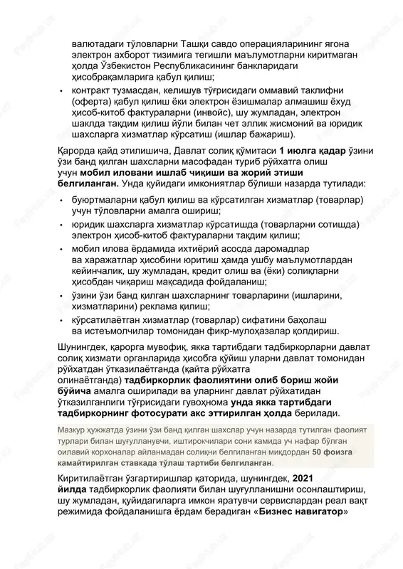 i) o'zini o'zi band qilgan shaxslarga (frilansing) quyidagi huquqlar berildi: · ko'rsatilgan xizmatlar (bajarilgan ishlar) uchun chet eldagi jismoniy va yuridik shaxslar — norezidentlardan xorijiy valyutadagi to'lovlarni tashqi savdo operatsiyalarining yagona elektron axborot tizimiga tegishli ma'lumotlarni kiritmagan holda o'zbekiston respublikasining banklaridagi hisobraqamlariga qabul qilish; · kontrakt tuzmasdan, kelishuv to'g'risidagi ommaviy taklifni (oferta) qabul qilish yoki elektron yozishmalar almashish yoxud hisob-kitob fakturalarni (invoys), shu jumladan, elektron shaklda taqdim qilish yo'li bilan chet ellik jismoniy va yuridik shaxslarga xizmatlar ko'rsatish (ishlar bajarish). qarorda qayd etilishicha, davlat soliq qo'mitasi 1 iyulga qadar o'zini o'zi band qilgan shaxslarni masofadan turib ro'yxatga olish uchun mobil ilovani ishlab chiqishi va joriy etishi belgilangan. unda quyidagi imkoniyatlar bo'lishi nazarda tutiladi: · buyurtmalarni qabul qilish va ko'rsatilgan xizmatlar (tovarlar) uchun to'lovlarni amalga oshirish; · yuridik shaxslarga xizmatlar ko'rsatishda (tovarlarni sotishda) elektron hisob-kitob fakturalarni taqdim qilish; · mobil ilova yordamida ixtiyoriy asosda daromadlar va xarajatlar hisobini yuritish hamda ushbu …