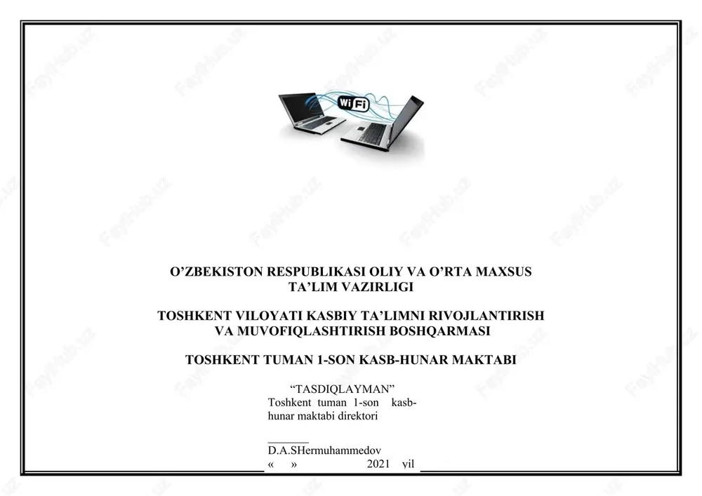 ) toshkent tumani 1-son kasb-hunar maktabi fan o’qituvchisi tug’ilgan yili: tug’ilgan joyi: toshkent viloyati, toshkent tumani millati: partiyaviyligi: o’zbek yo’q mahlumoti: tamomlagan: oliy 1989 y xalqlar do’stligi ordenli toshkent xalq x o’jaligi instituti mahlumoti bo’yicha mutaxassisligi: yuqori malakali“ iqtisodchi” ilmiy darajasi: ilmiy unvoni: yo’q yo’q qaysi chet tillarini biladi: o’zberiston respublikasi oliy va o’rta maxsus ta’lim vazirligi toshkent viloyati kasbiy ta’limni rivojlantirish va muvofiqlashtirish hududiy boshqarmasi toshkent tumani 1-son kasb-xunar maktabi kasbiy fan o’qituvchisi igamberdiyeva sayyora xakimovnaning 2021-2022 o’quv yili uchun ‘‘biznes asoslari’’ fanidan ’’07-20’’ guruxi uchun taqvimiy mavzular rejasi toshkent - 2021 ta s d i q l a y m a n” toshkent tuman 1-son kasb- hunar maktabi o`quv ishlari bo`yicha o’ibdo’ ---------------------------------------------------------- “____”________________2021yil “ “tadbirkorlik va biznes asoslari” fanidan umumiy ajratilgan auditoriyadagi soatlar rejasi № kasb va gurux ham-masi umumiy ajratilgan vaqt (soat) auditoriyadagi jami nazariy amaliy laboratoriya kurs.ishi seminar mus.ish 1 07-20 gaz,suv 90 60 30 …