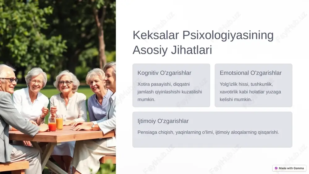 siqalarni tinglash, konsertlarga borish. ijod rasm chizish, hunarmandchilik bilan shug'ullanish. 7 keksalarga g'amxo'rlik qilishda muhim jihatlar sog'liqni saqlash muntazam tibbiy ko'rikdan o'tish, dori-darmonlarni vaqtida qabul qilish. to'g'ri ovqatlanish vitaminlar va minerallarga boy oziq-ovqatlar iste'mol qilish. xavfsizlik uyda xavfsizlikni ta'minlash, yiqilish xavfini kamaytirish. 8 xulosa va keyingi qadamlar keksalar psixologiyasi, keksalik davridagi hayot sifatini yaxshilashga qaratilgan muhim sohadir. keksalarga g'amxo'rlik qiluvchilar, ushbu taqdimotda berilgan maslahatlardan foydalanishlari mumkin. keyingi qadam, keksalar psixologiyasi bo'yicha qo'shimcha ma'lumot olish, mutaxassislar bilan maslahatlashish. 9 image1.png image2.png image3.png image4.png image5.png image6.png image7.png image8.png image9.png image10.png image11.png image12.png image13.png image14.png image15.png image16.png image17.png image18.png image19.png image20.png image21.png image22.png image23.png image24.png image25.png image26.png